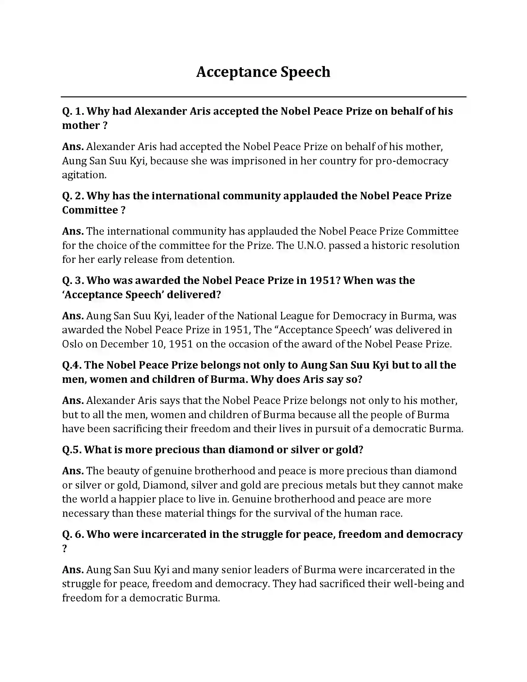 Bihar Board Class 10th Acceptance Speech Acceptance Speech  Subjective Objective Question 1