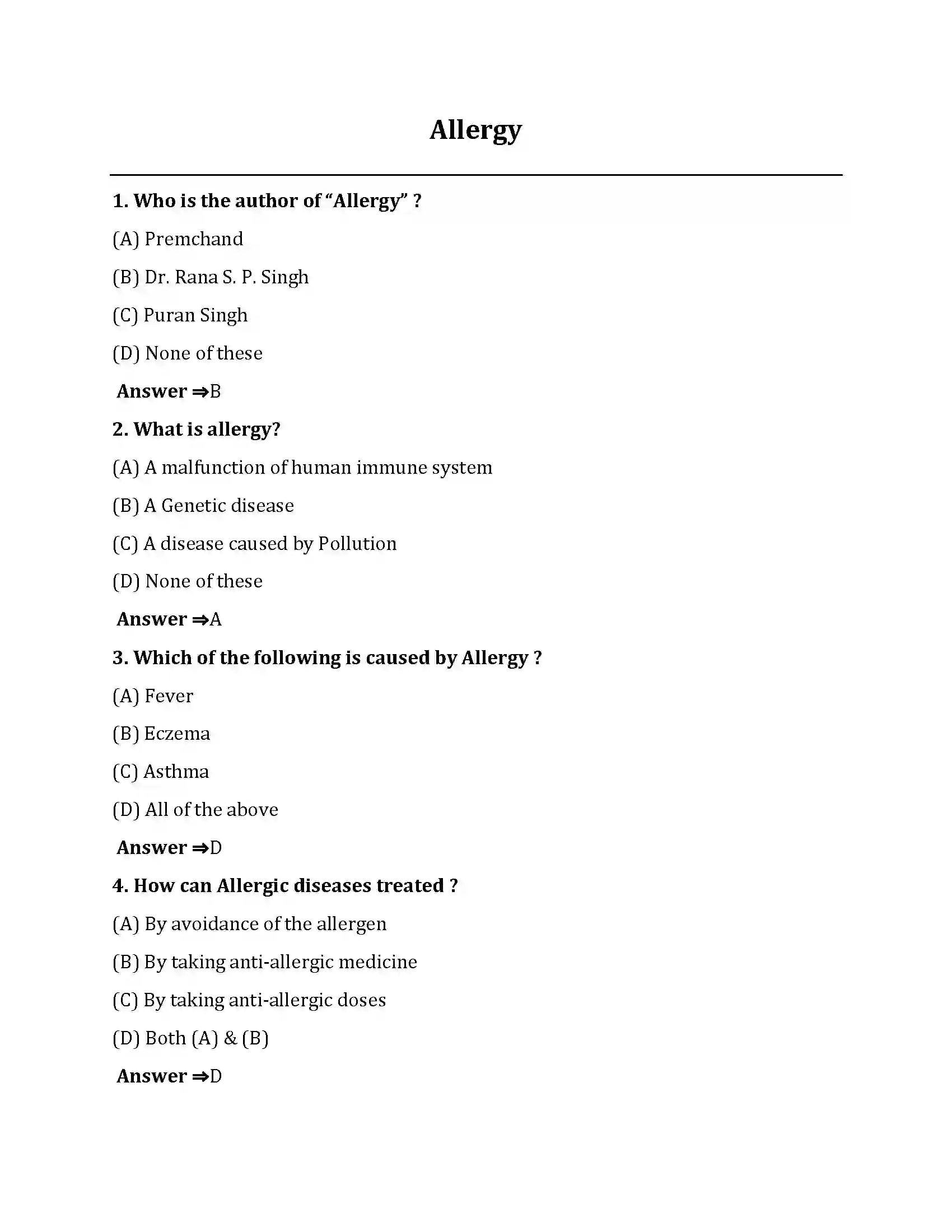 Bihar Board Class 10th Allergy Allergy  Objective Objective Question 1