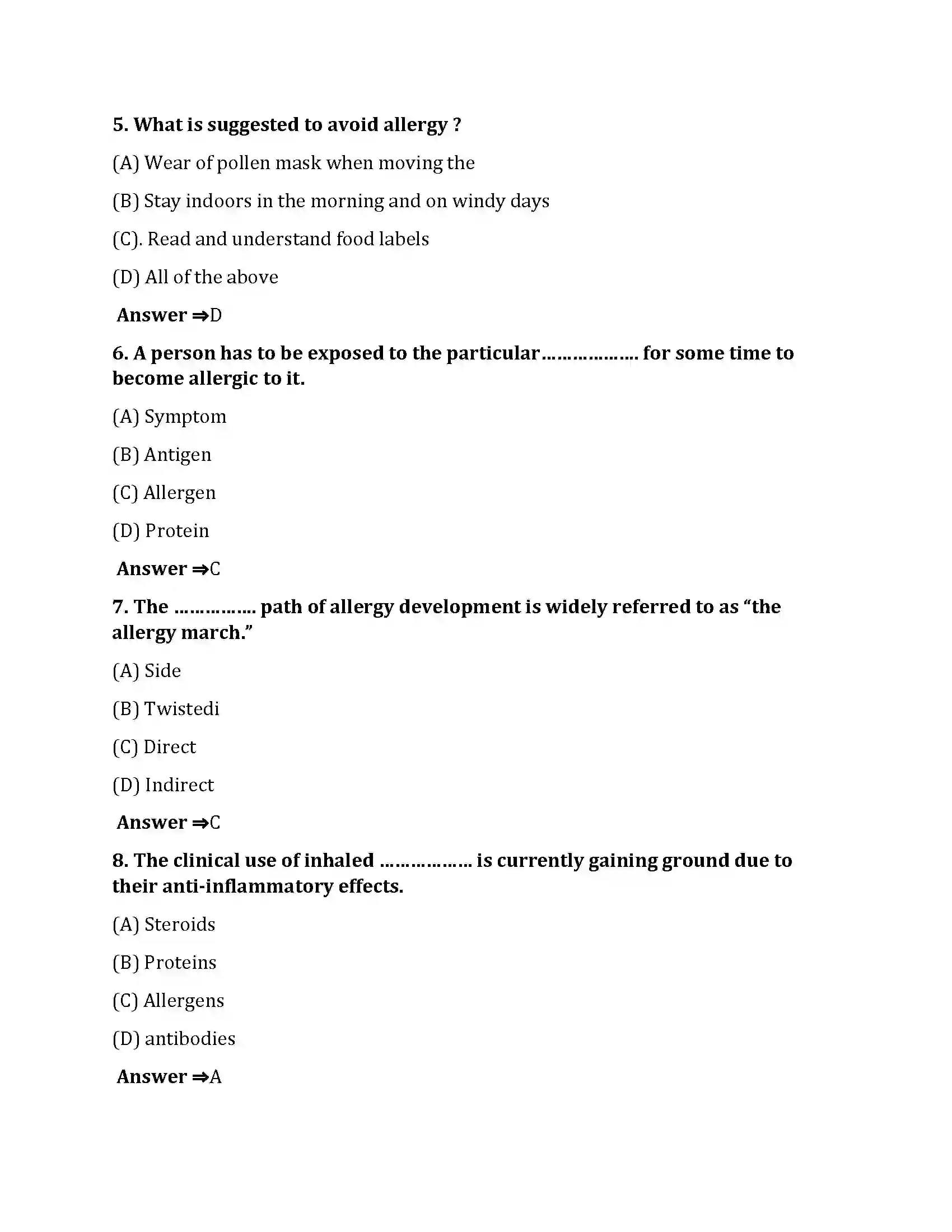 Bihar Board Class 10th Allergy Allergy  Objective Objective Question 2
