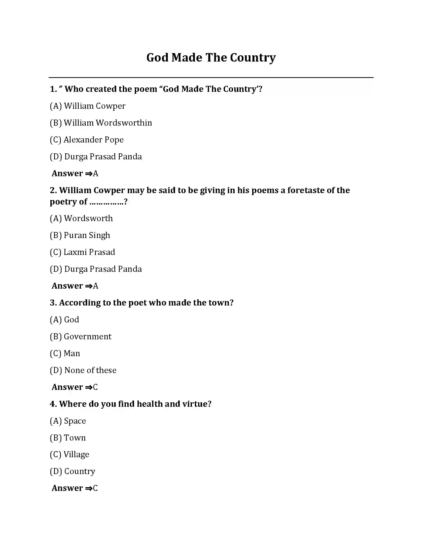 Bihar Board Class 10th God Made The Country God Made The Country  Objective Objective Question 1