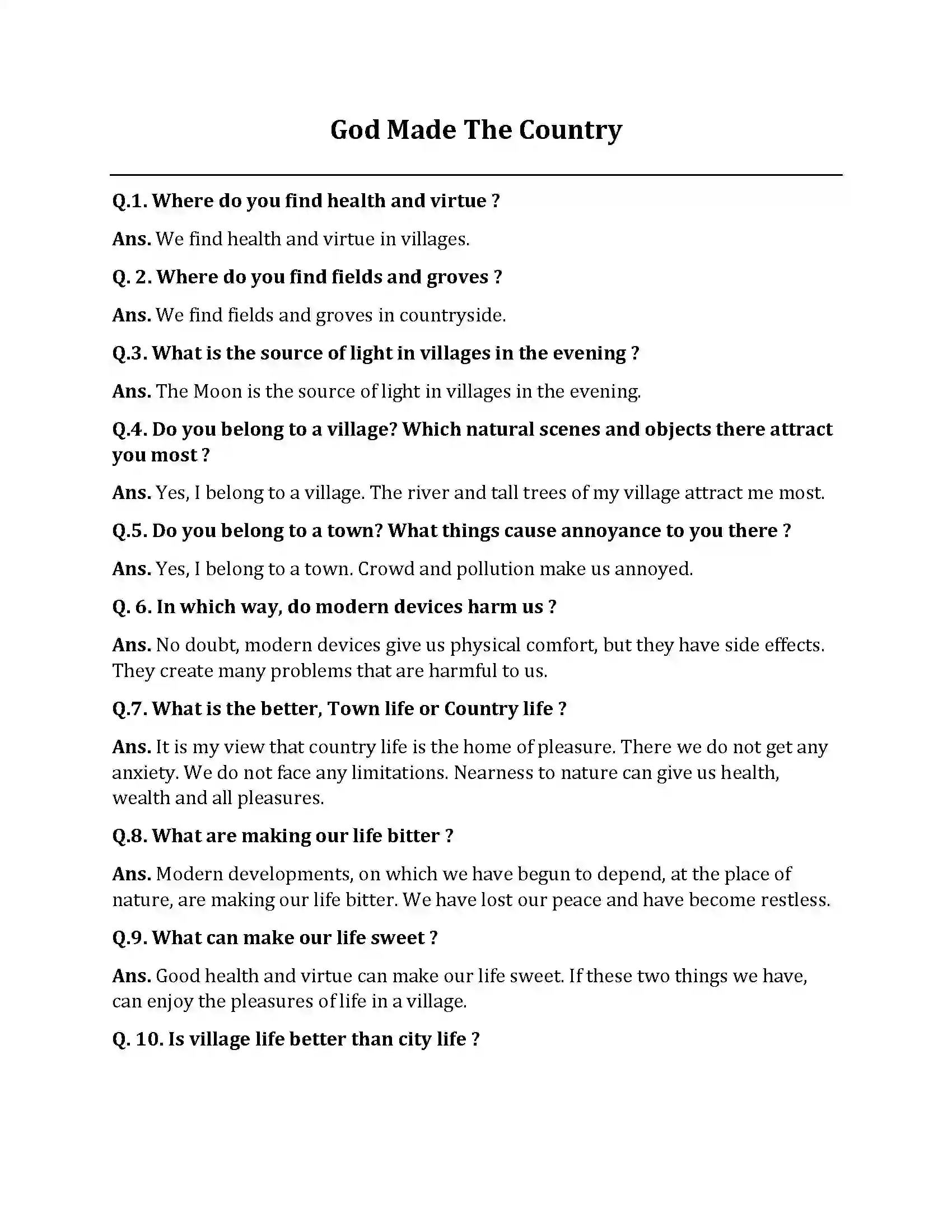 Bihar Board Class 10th God Made The Country God Made The Country  Subjective Objective Question 1