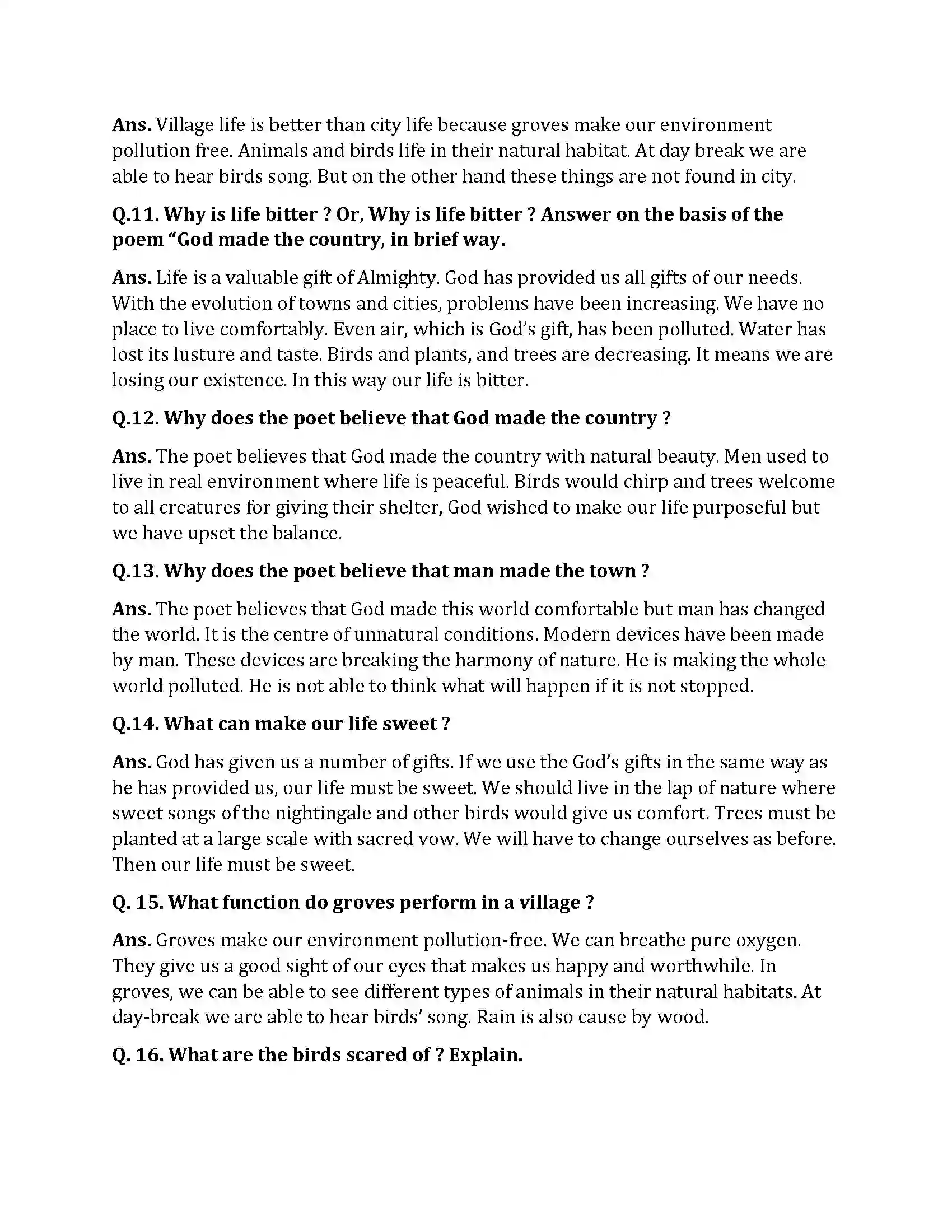 Bihar Board Class 10th God Made The Country God Made The Country  Subjective Objective Question 2