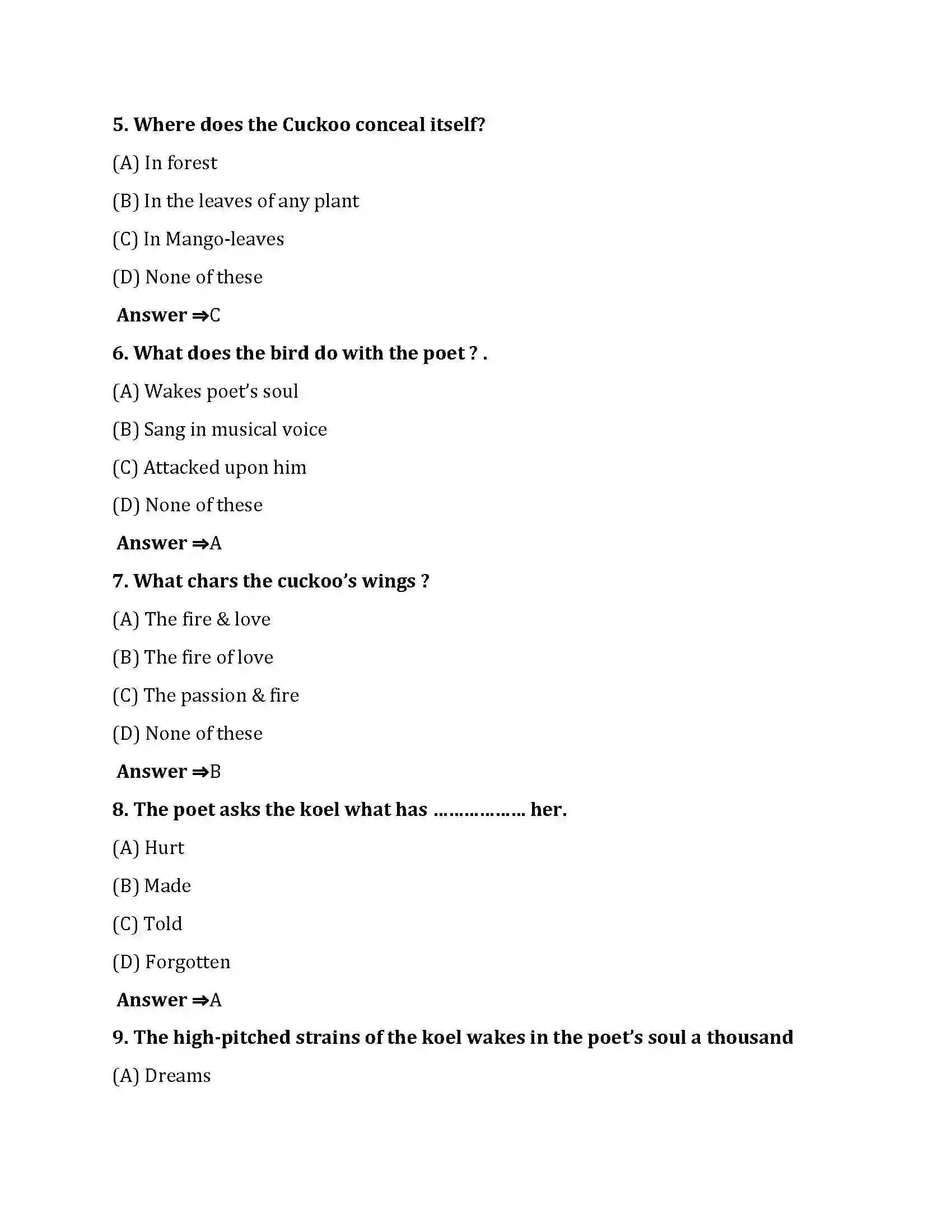 Bihar Board Class 10th Koel Koel  Objective Objective Question 2