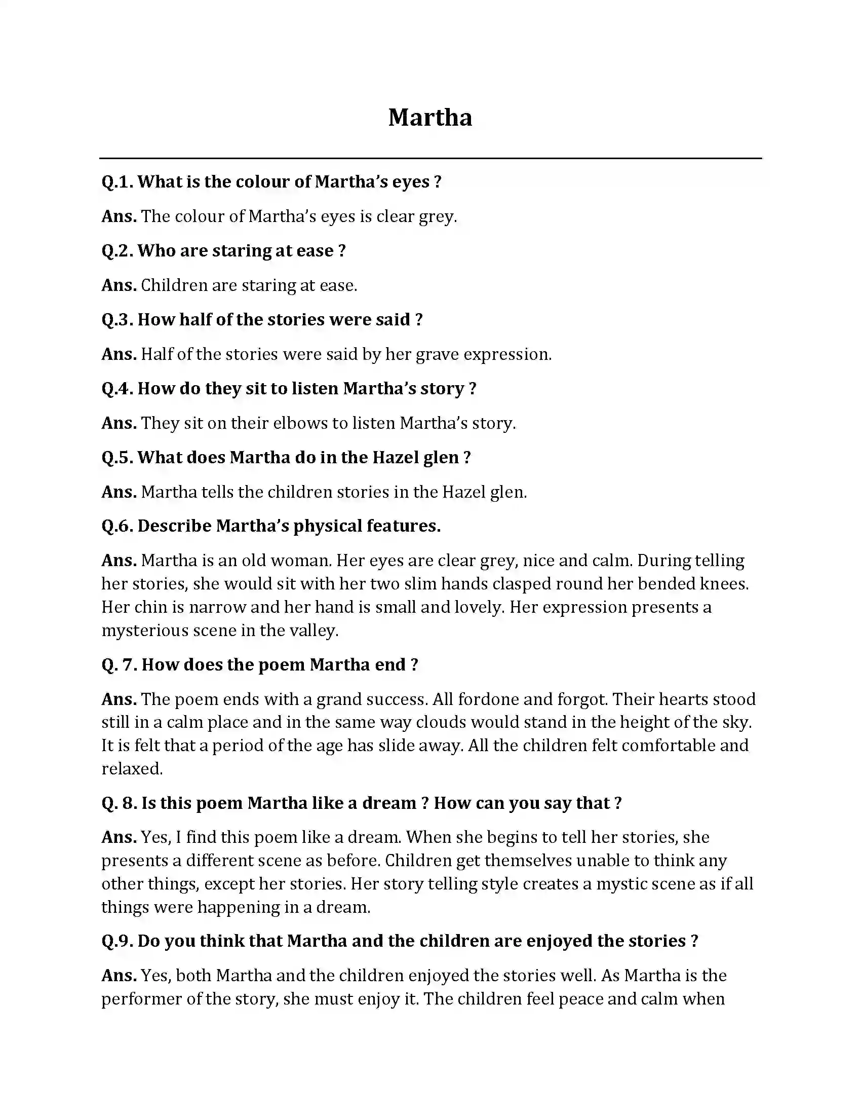 Bihar Board Class 10th Martha Martha  Subjective Objective Question 1