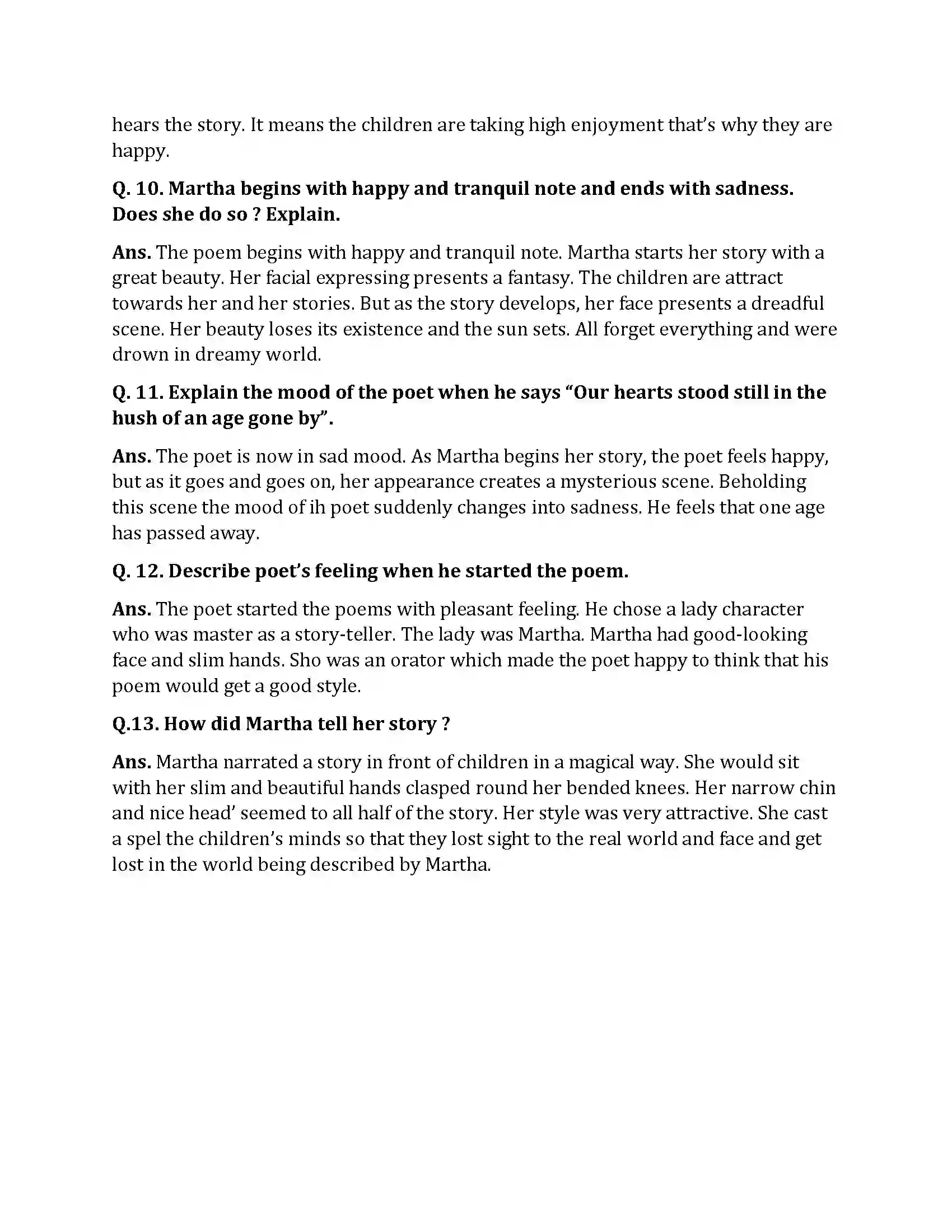 Bihar Board Class 10th Martha Martha  Subjective Objective Question 2