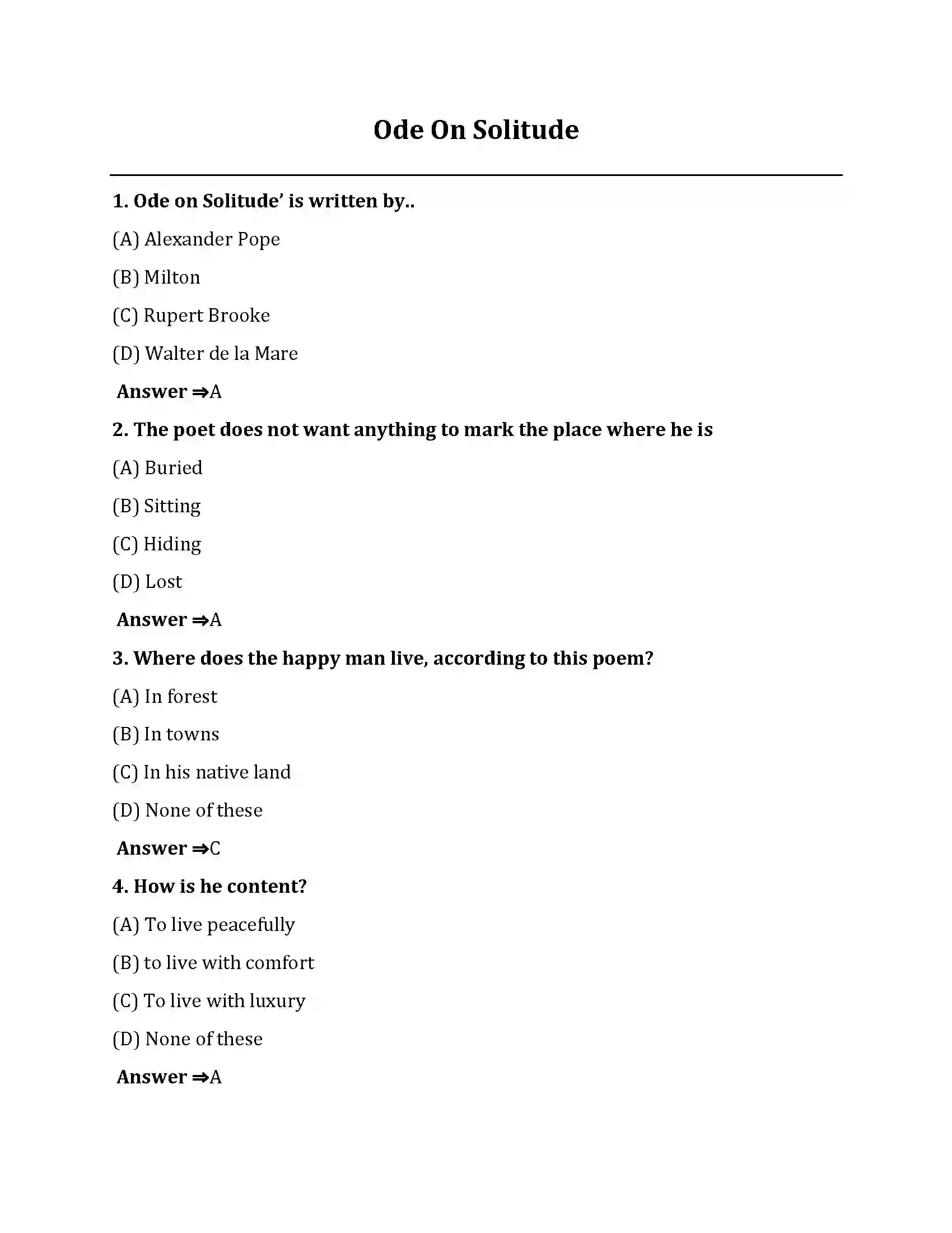 Bihar Board Class 10th Ode On Solitude Ode On Solitude  Objective Objective Question 1