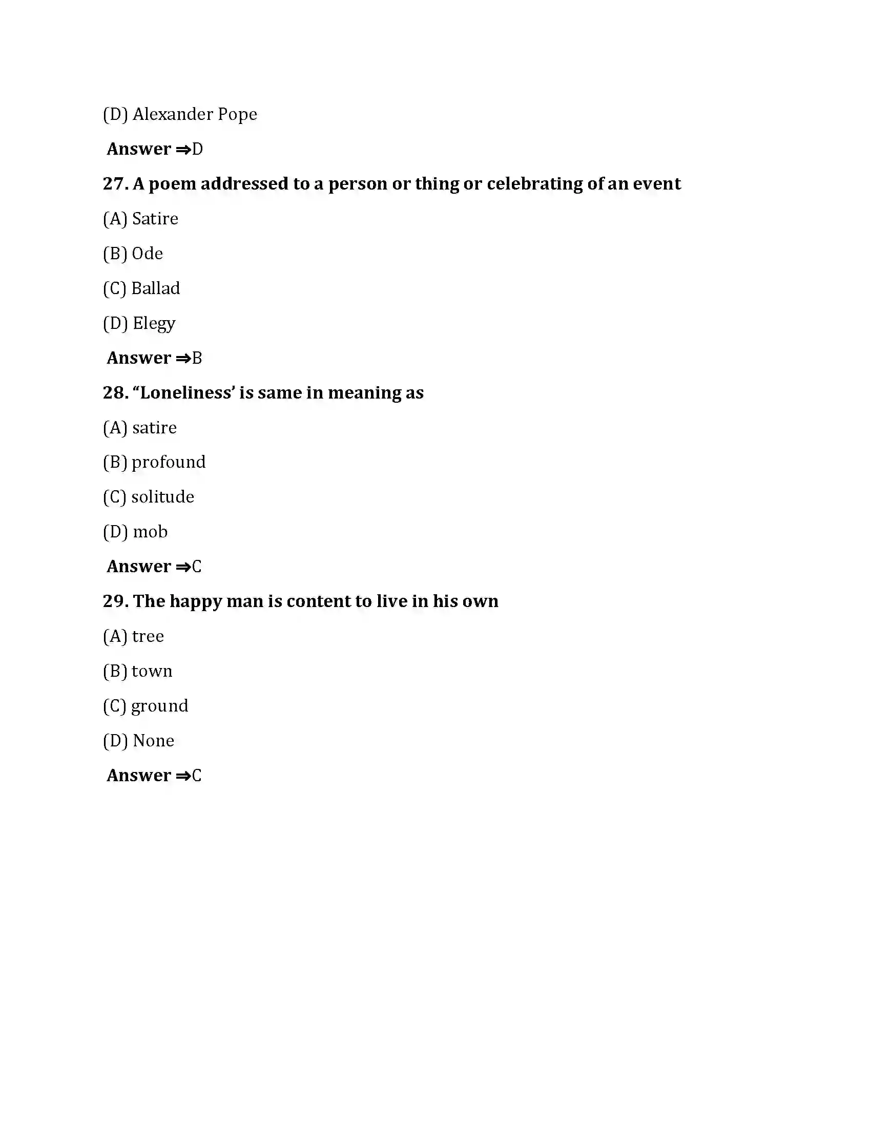Bihar Board Class 10th Ode On Solitude Ode On Solitude  Objective Objective Question 7