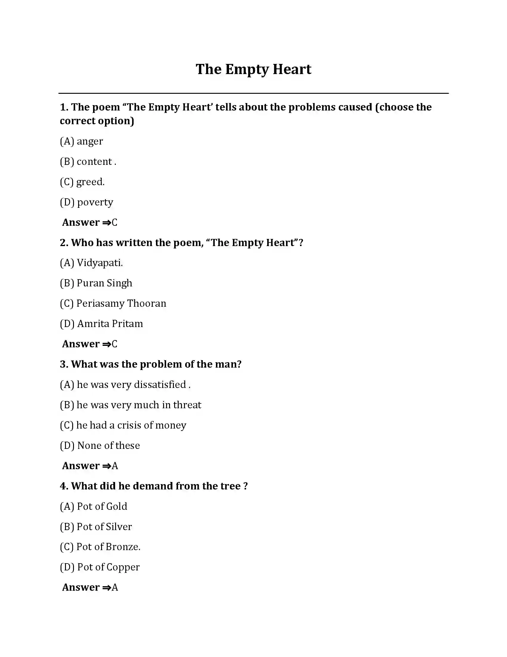 Bihar Board Class 10th The Empty Heart The Empty Heart  Objective Objective Question 1