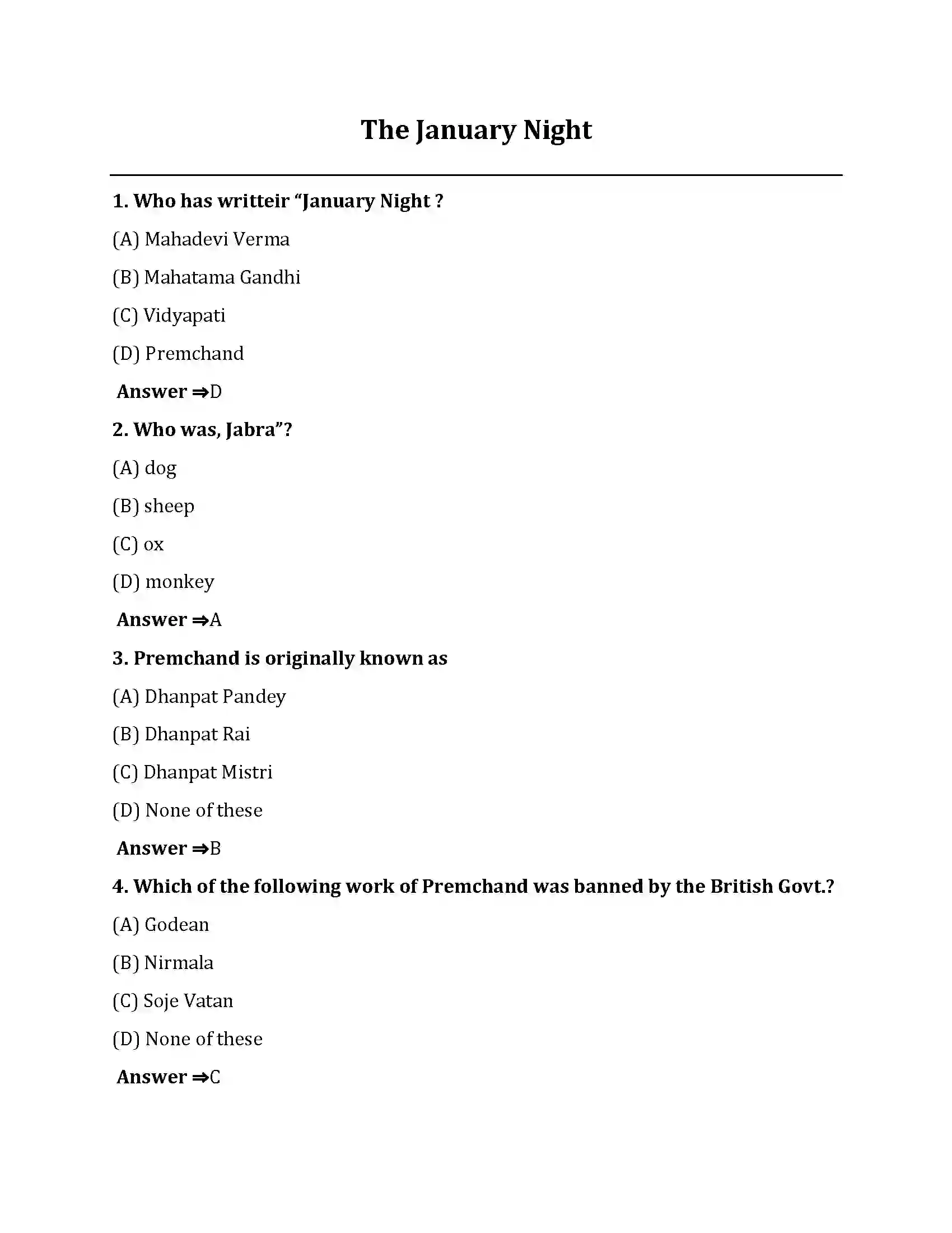 Bihar Board Class 10th The January Night The January Night  Objective Objective Question 1