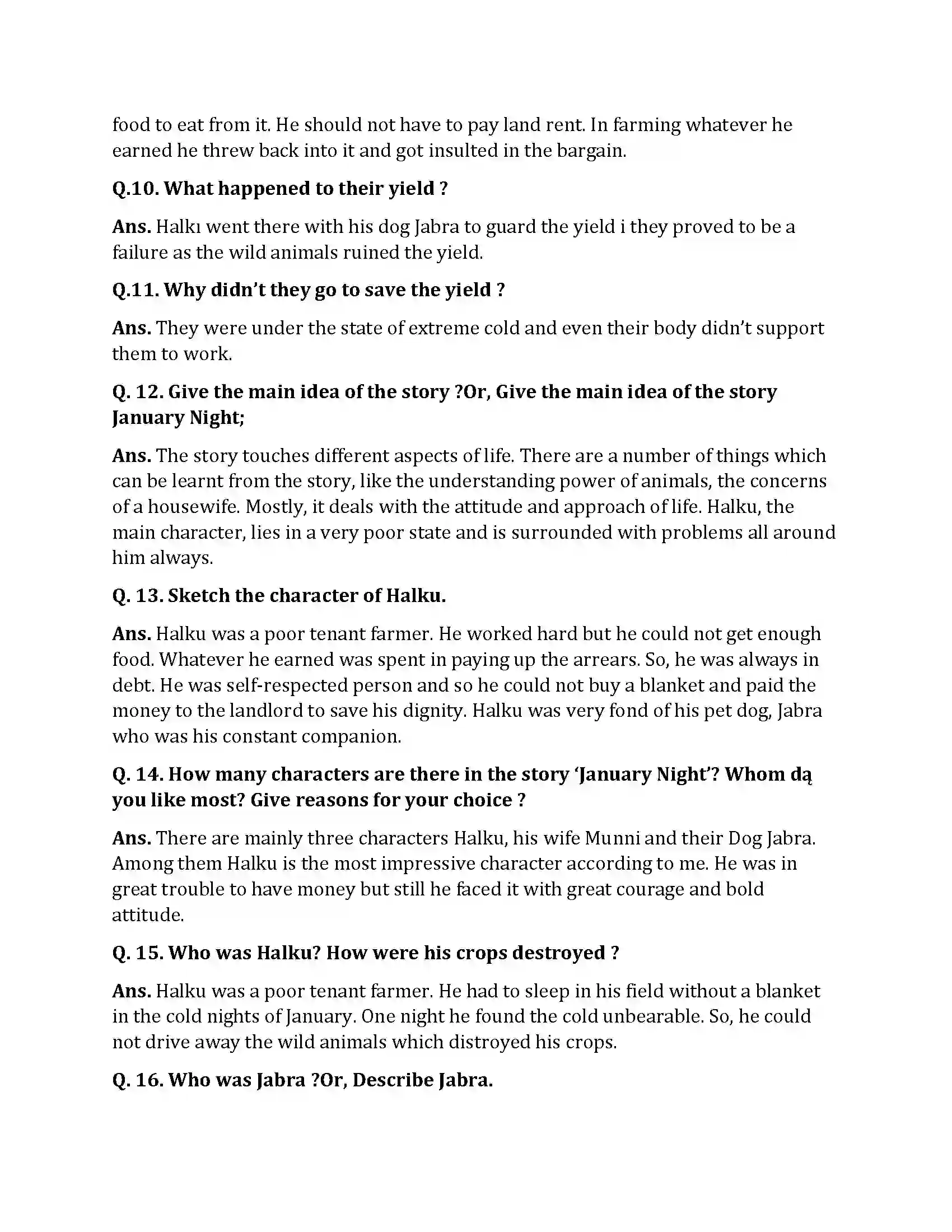 Bihar Board Class 10th The January Night The January Night  Subjective Objective Question 2