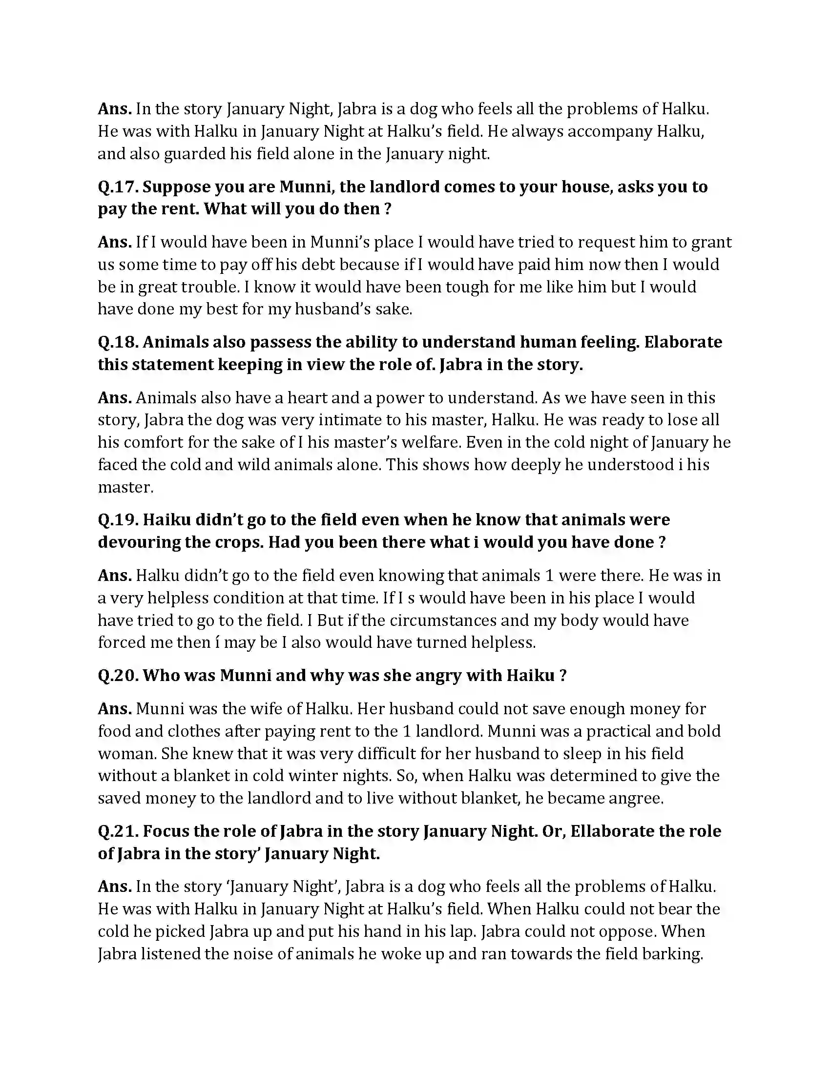 Bihar Board Class 10th The January Night The January Night  Subjective Objective Question 3