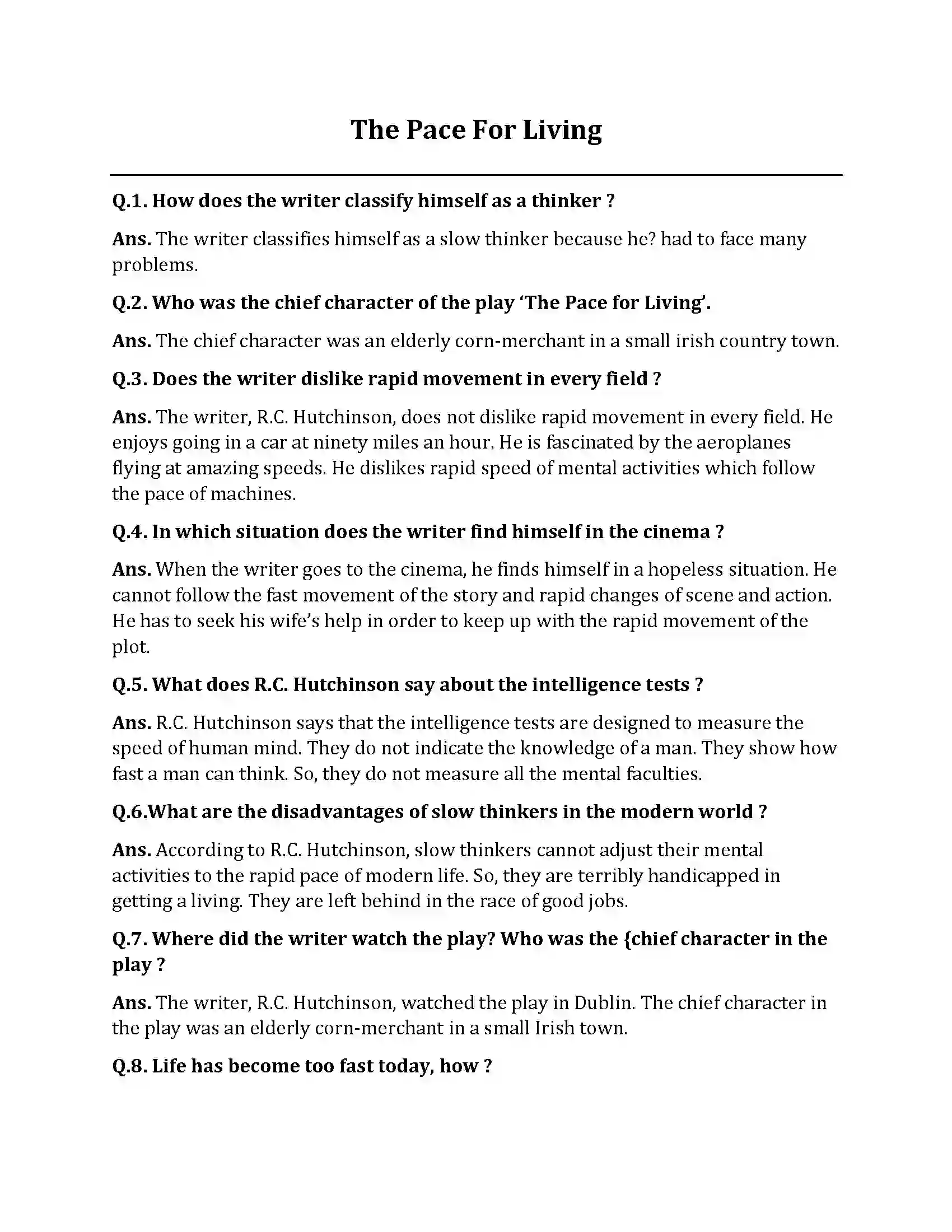 Bihar Board Class 10th The Pace For Living The Pace For Living  Subjective Objective Question 1