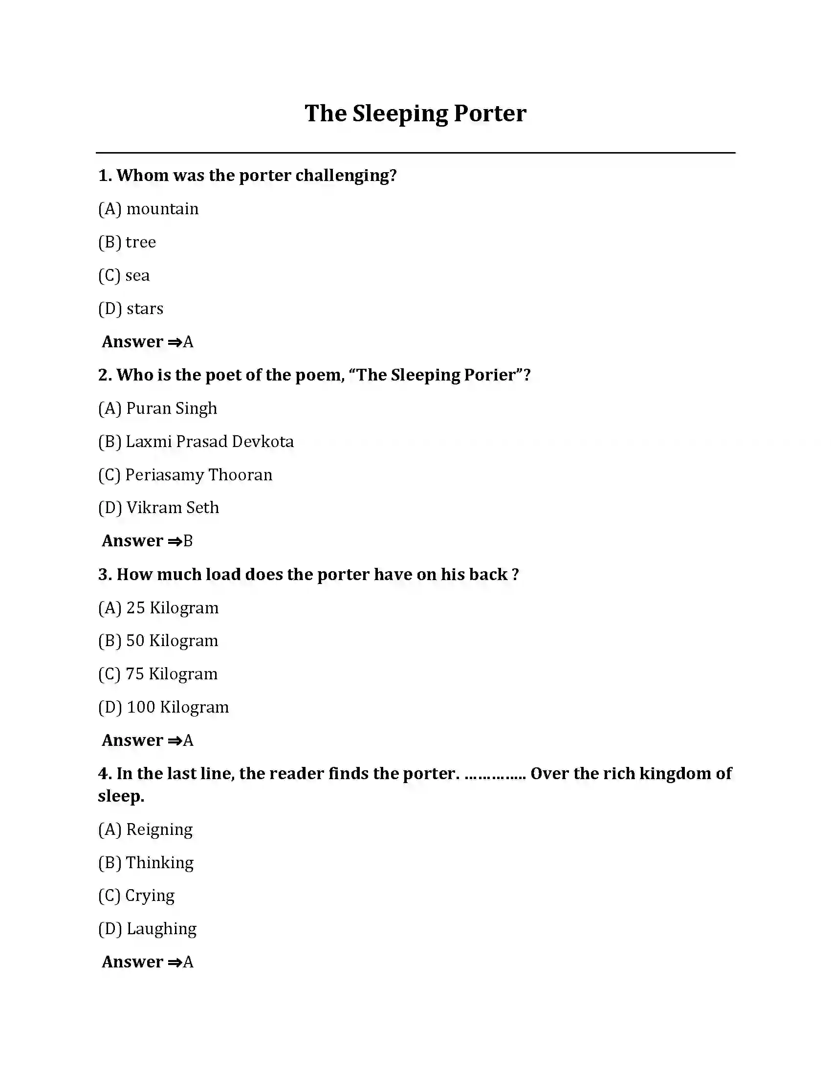 Bihar Board Class 10th The Sleeping Porter The Sleeping Porter  Objective Objective Question 1