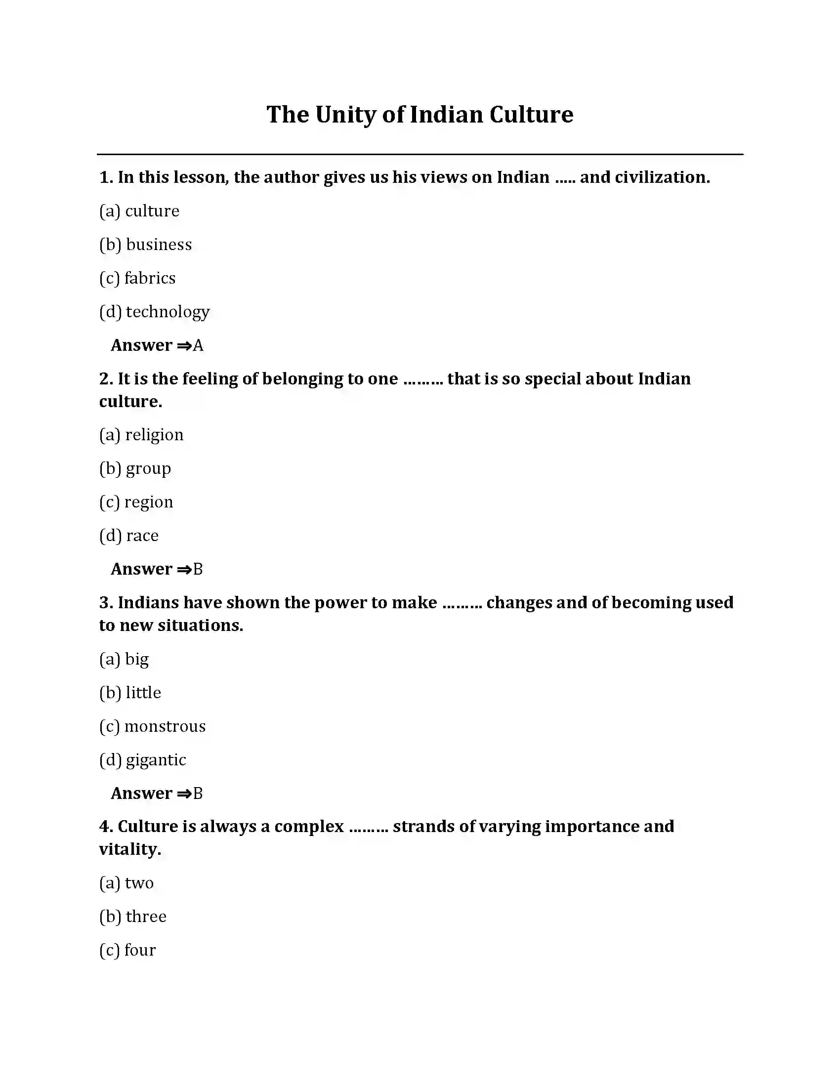 Bihar Board Class 10th The Unity Of Indian Culture The Unity Of Indian Culture  Objective Objective Question 1