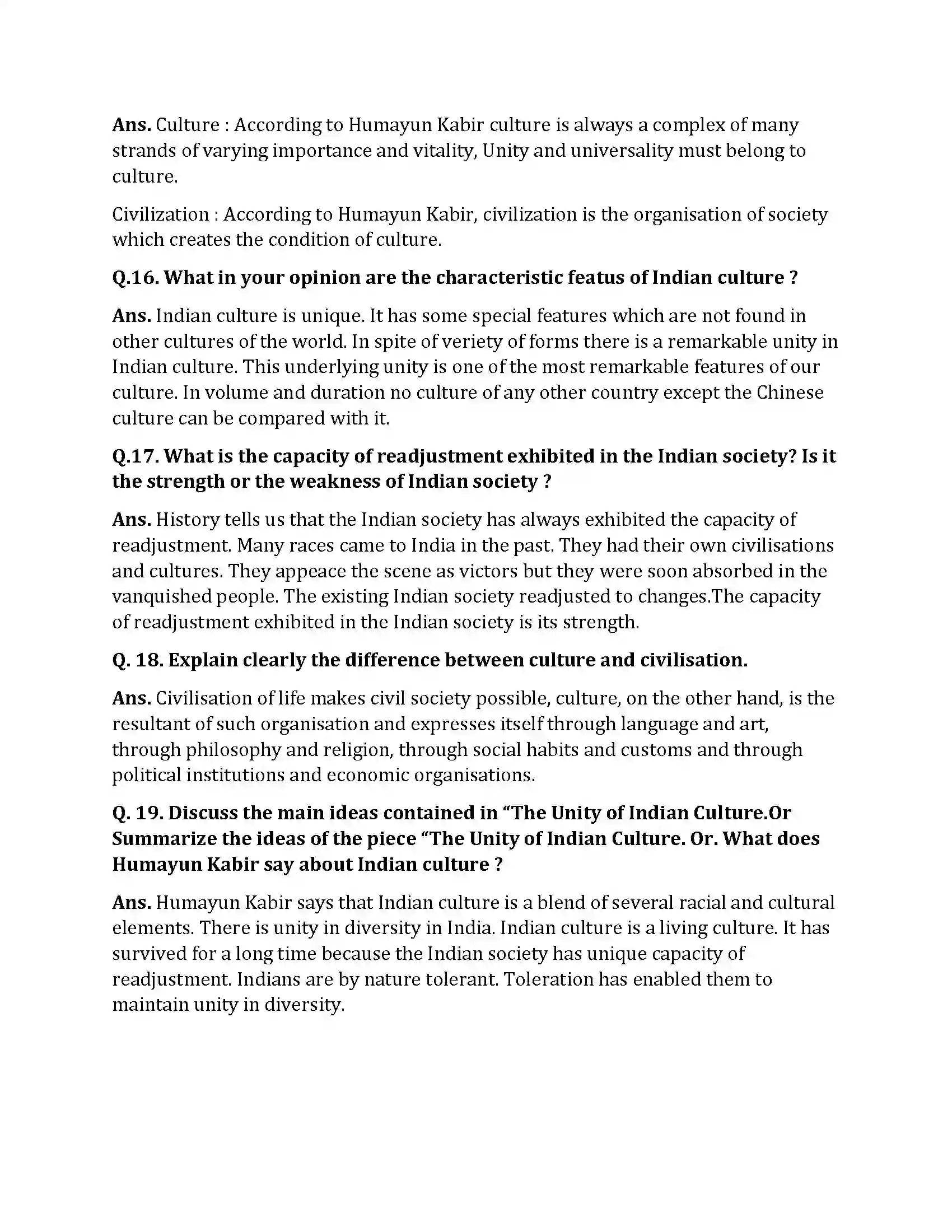 Bihar Board Class 10th The Unity Of Indian Culture The Unity of Indian Culture  Subjective Objective Question 3