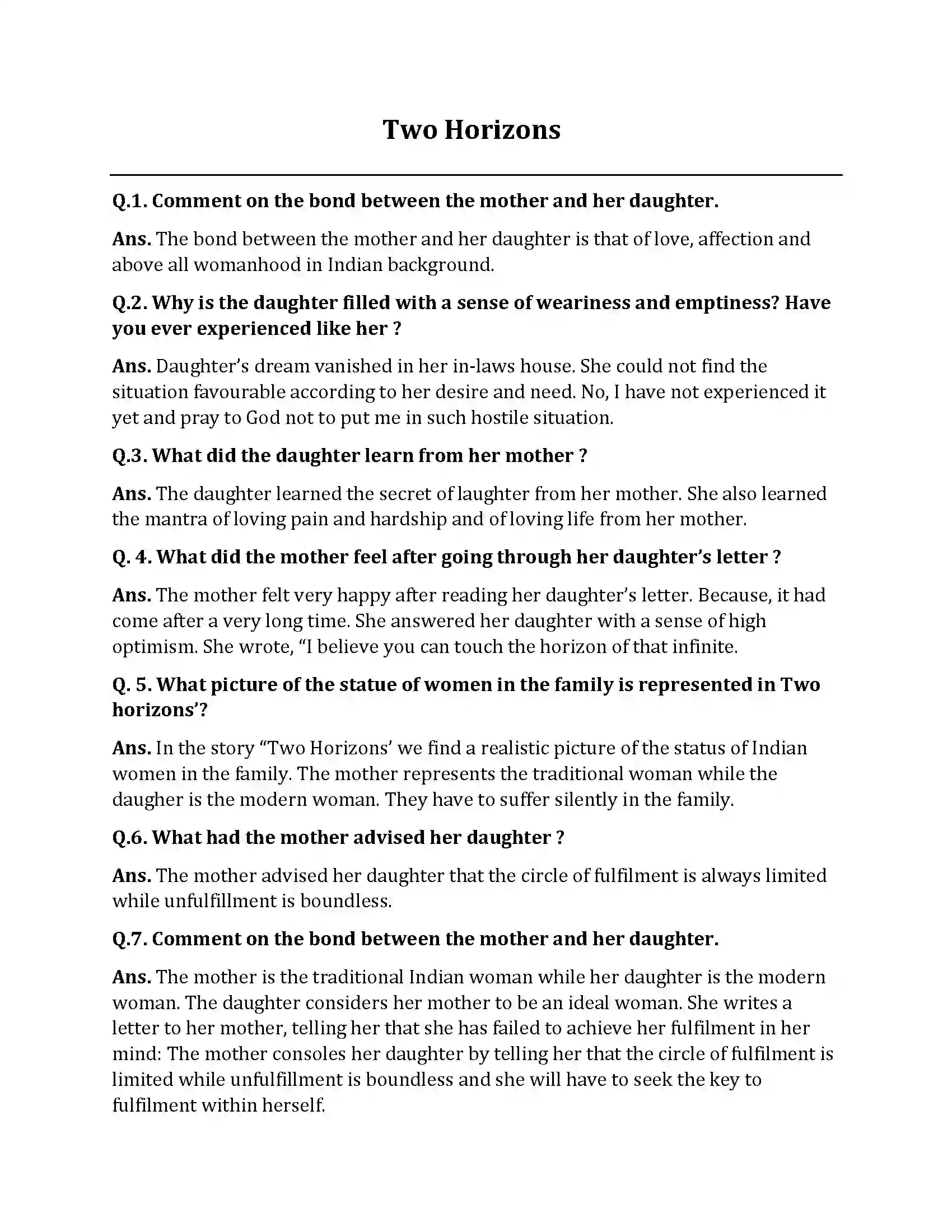 Bihar Board Class 10th Two Horizons Two Horizons  Subjective Objective Question 1