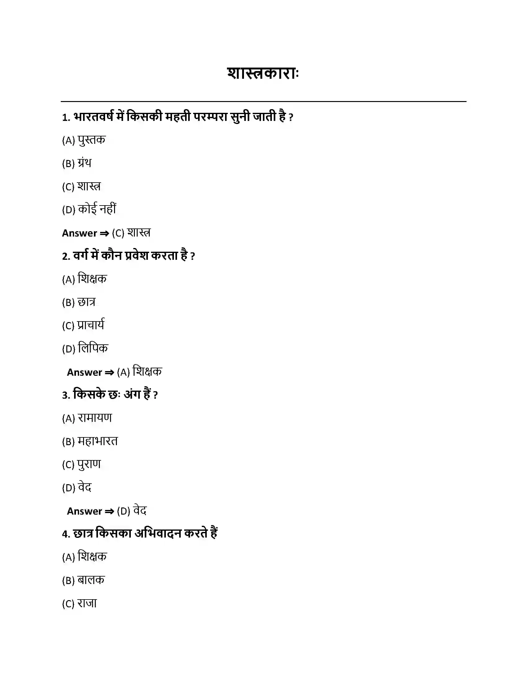 Bihar Board Class 10th शास्त्रकाराः शास्त्रकाराः  Objective Objective Question 1