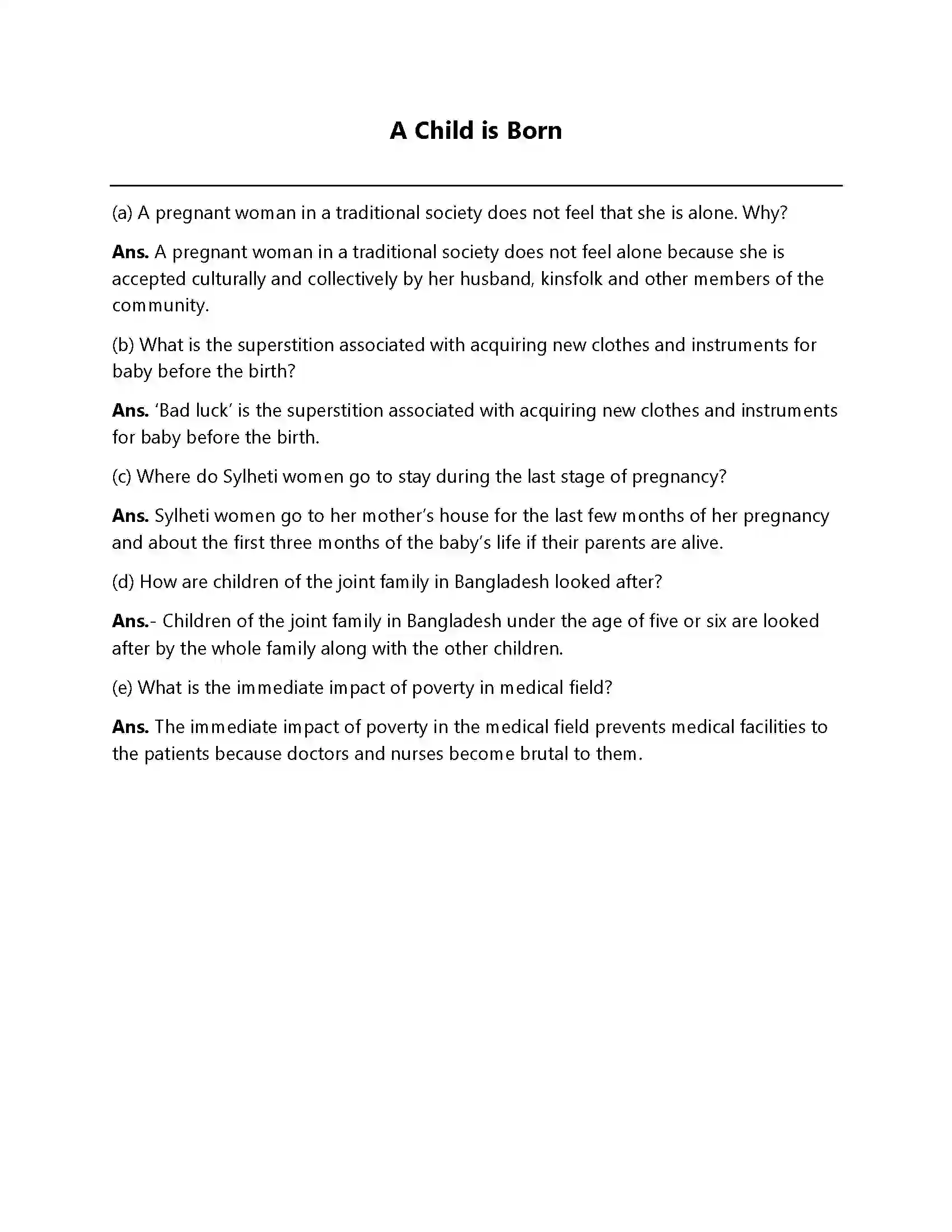 Bihar Board Class 12th A Child is Born A Child Is Born  Subjective Objective Question 1