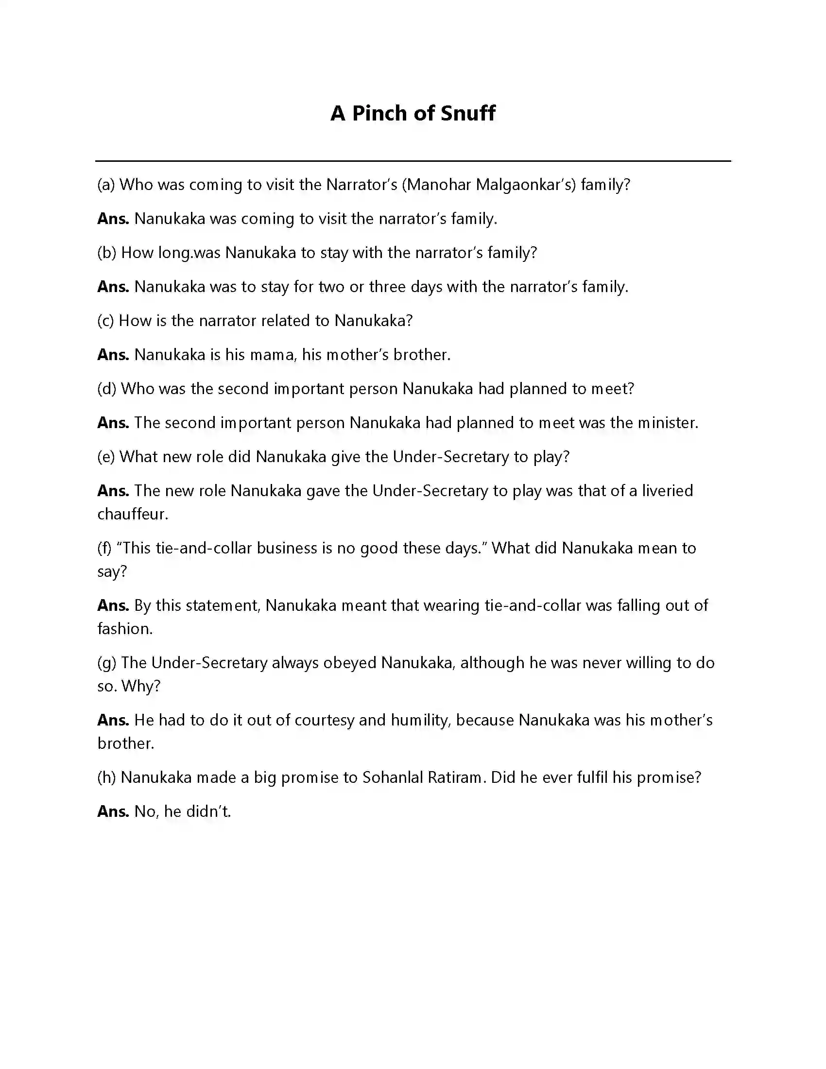 Bihar Board Class 12th A Pinch of Snuff A Pinch of Snuff  Subjective Objective Question 1