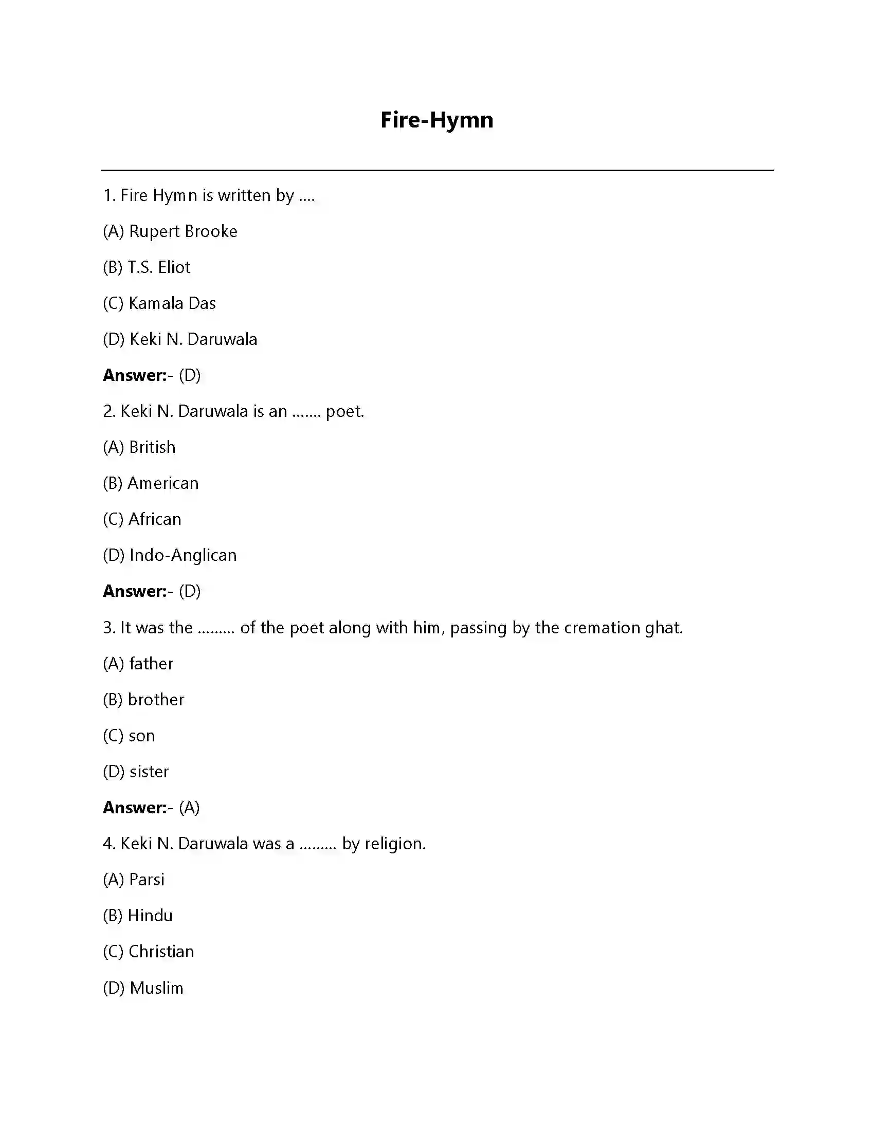 Bihar Board Class 12th Fire Hymn Fire Hymn  Objective Objective Question 1