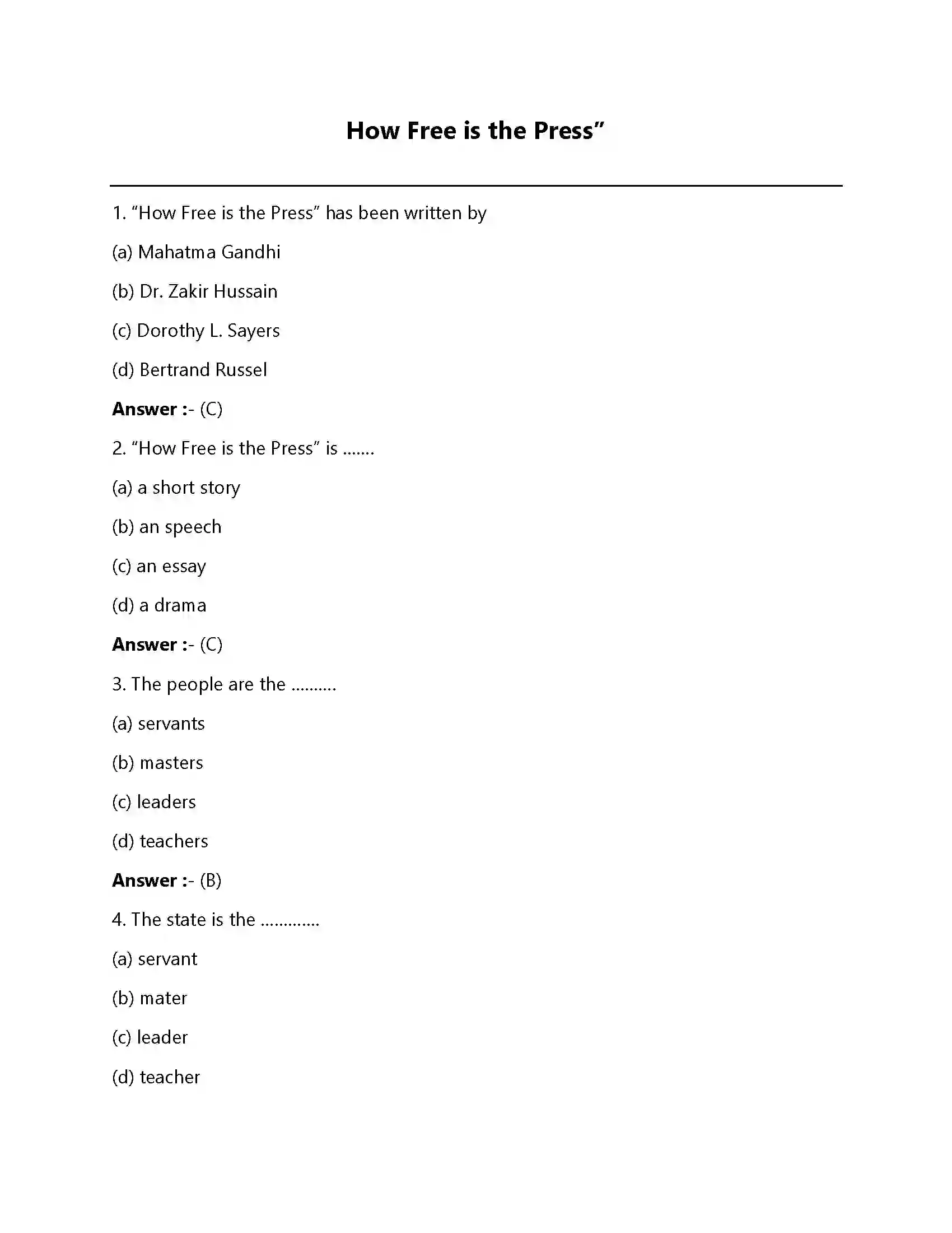 Bihar Board Class 12th How Free is the Press How Free is the Press  Objective Objective Question 1