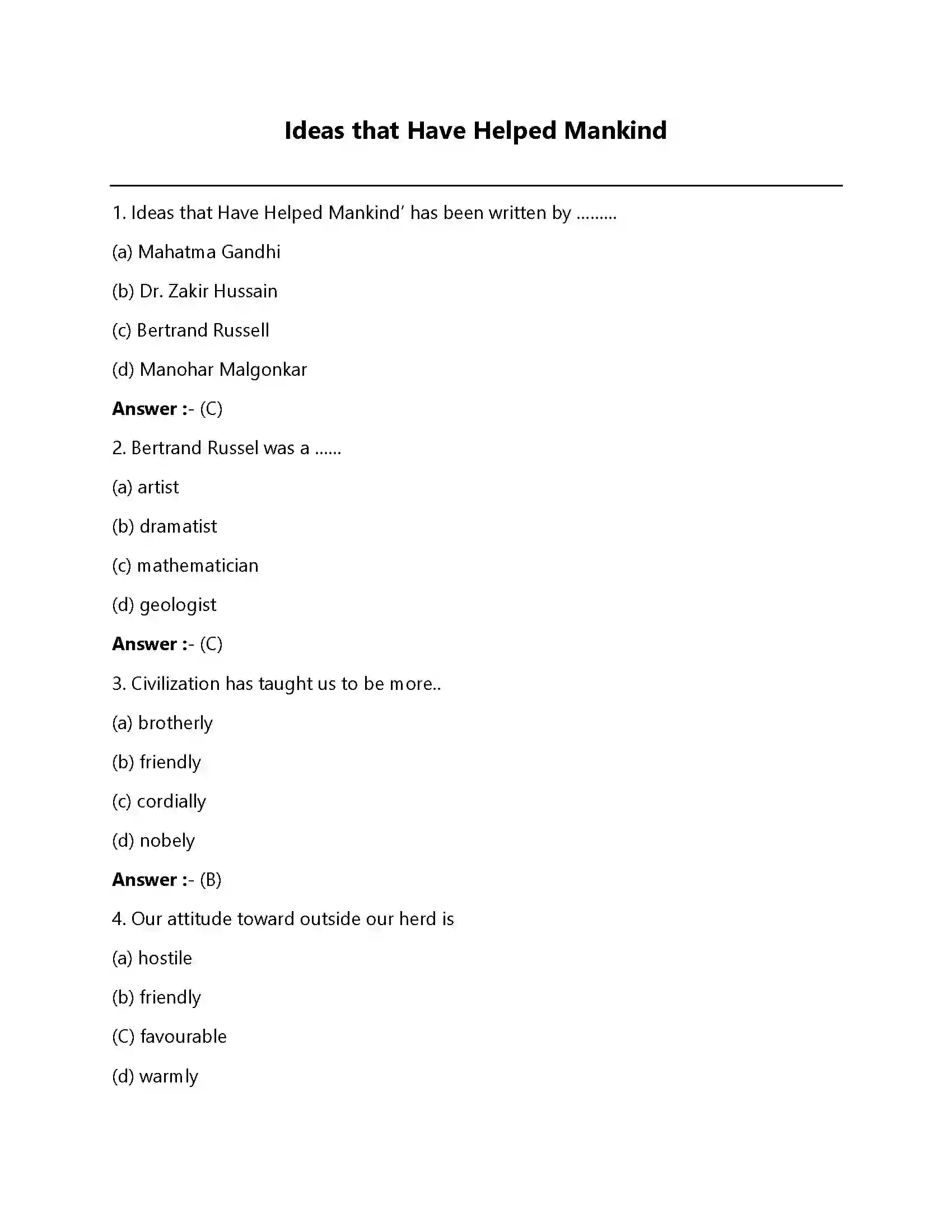 Bihar Board Class 12th Ideas That Have Helped Mankind Ideas That Have Helped Mankind  Objective Objective Question 1