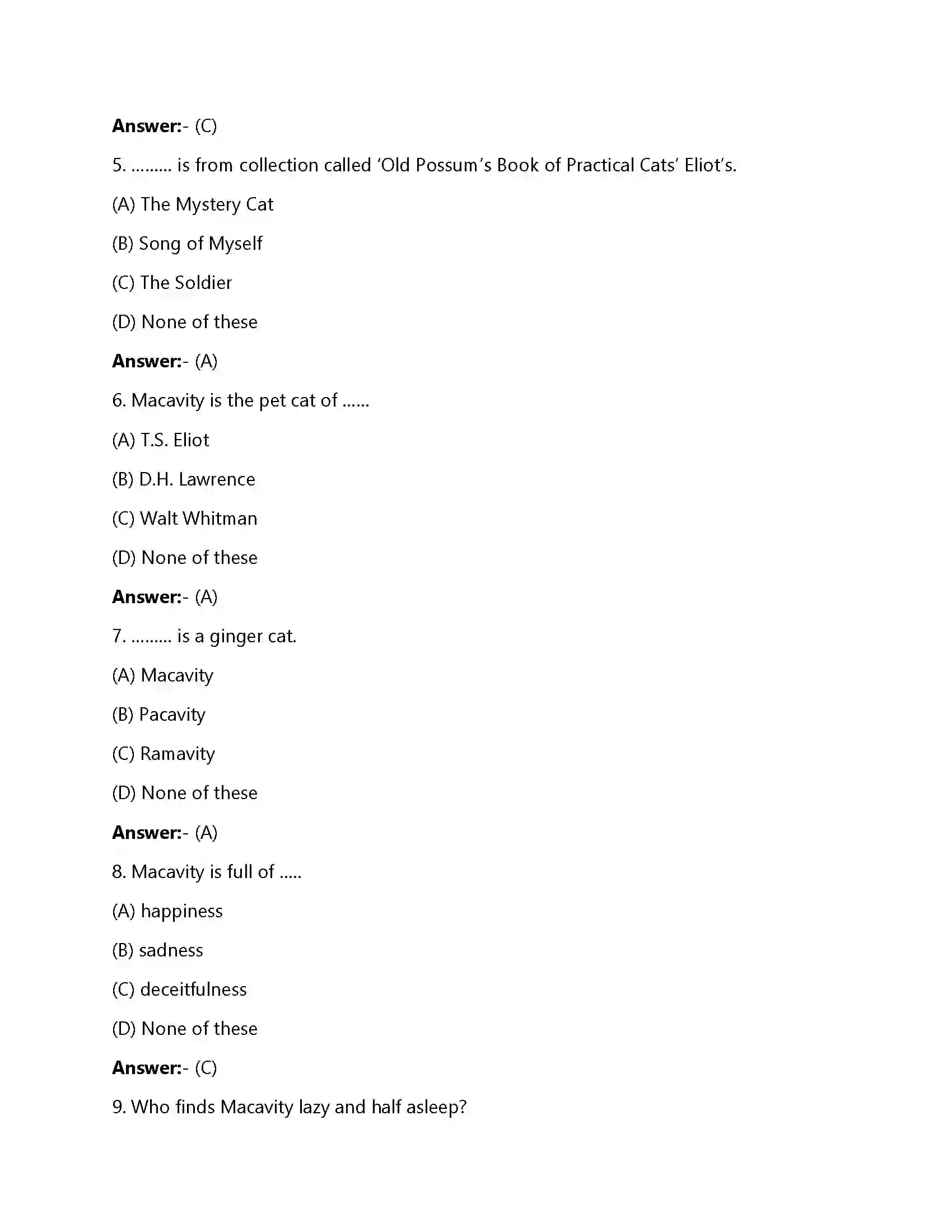 Bihar Board Class 12th Macavity - The Mystery Cat Macavity The Mystery Cat  Objective Objective Question 2