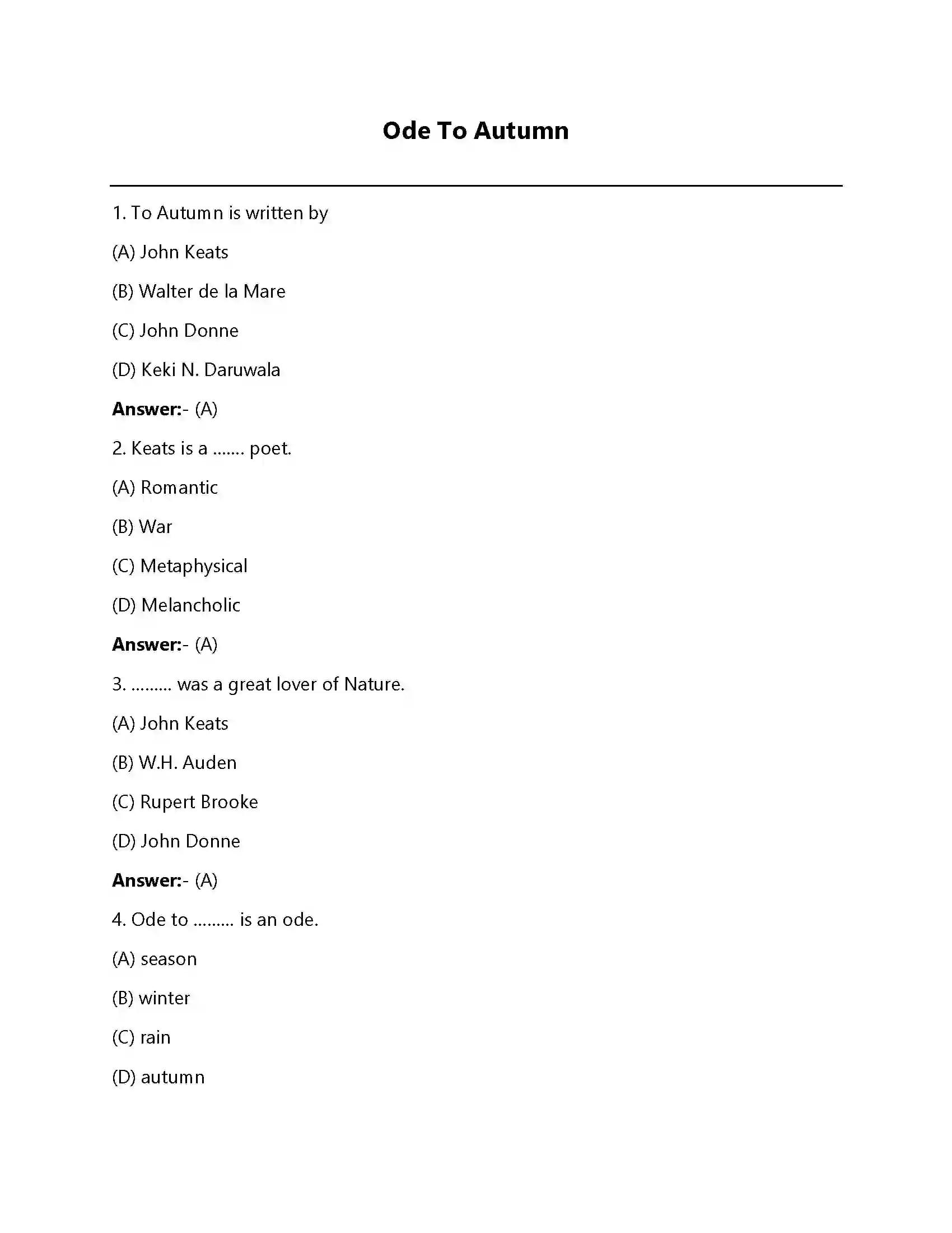Bihar Board Class 12th Ode To Autumn Ode To Autumn  Objective Objective Question 1