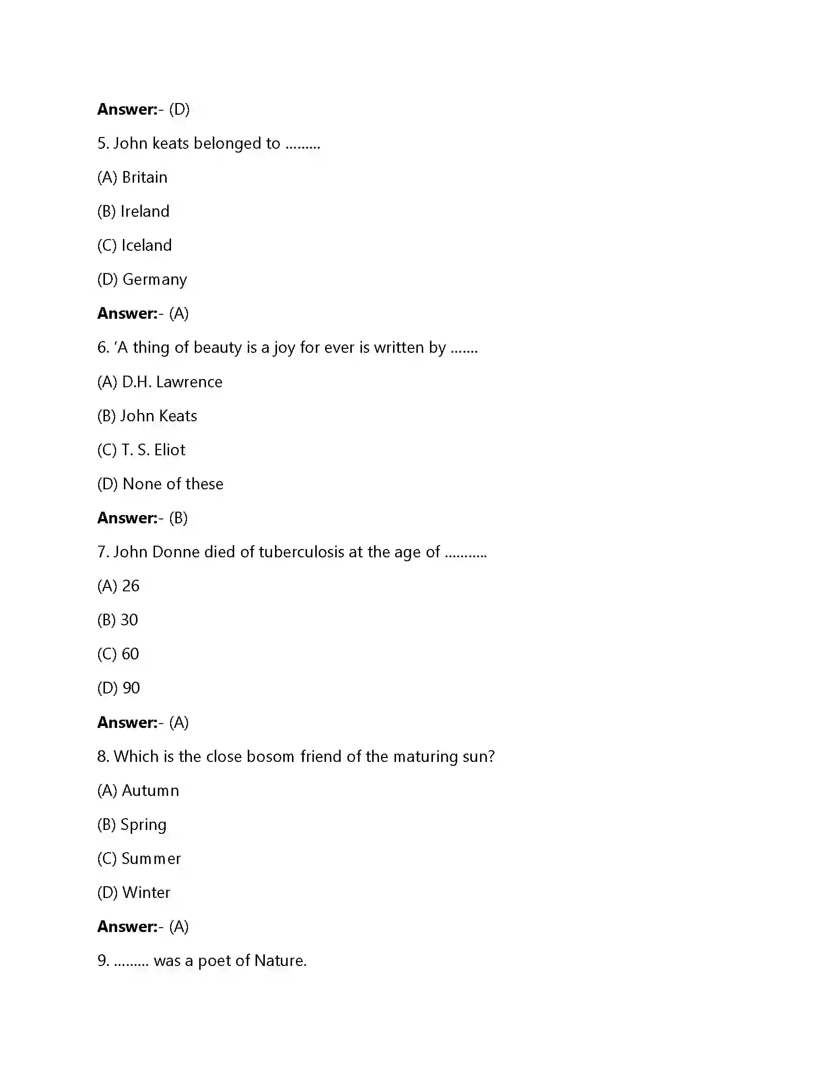 Bihar Board Class 12th Ode To Autumn Ode To Autumn  Objective Objective Question 2