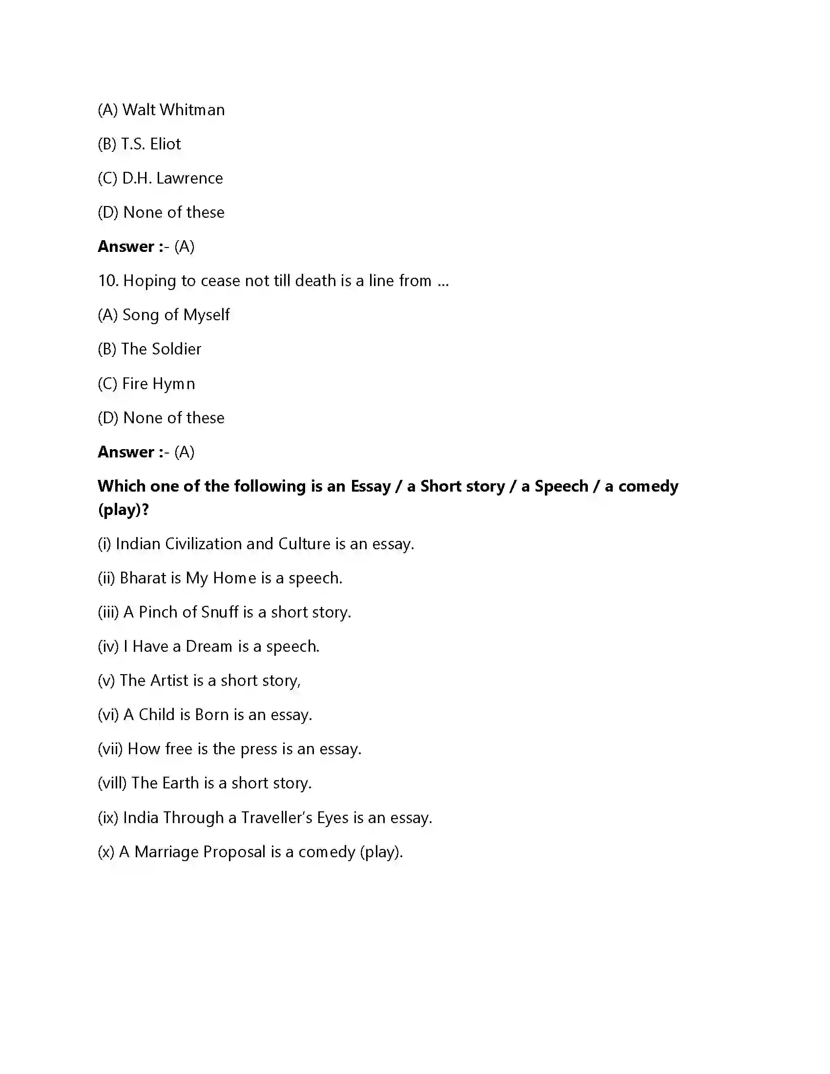 Bihar Board Class 12th Song of Myself Song of Myself  Objective Objective Question 3