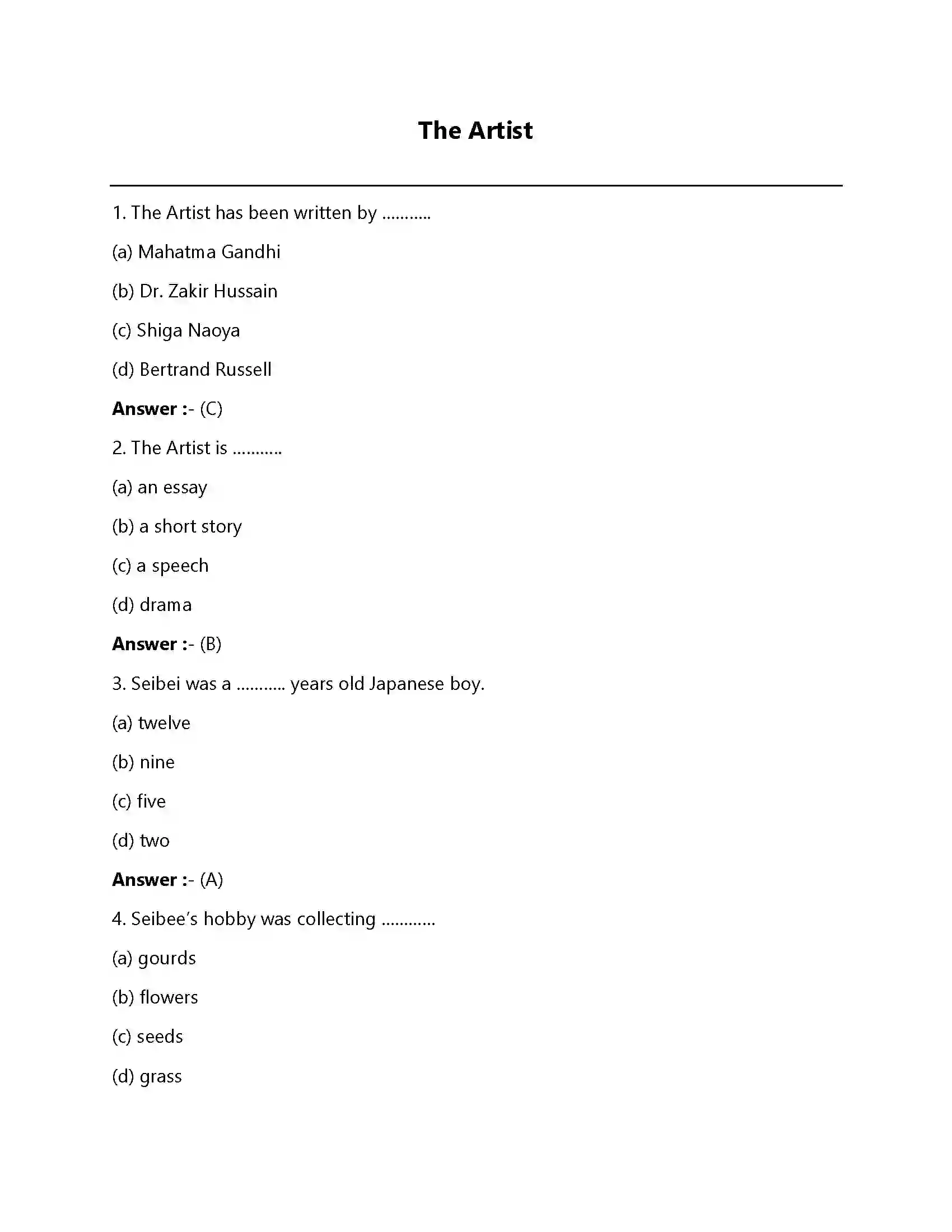 Bihar Board Class 12th The Artist The Artist  Objective Objective Question 1