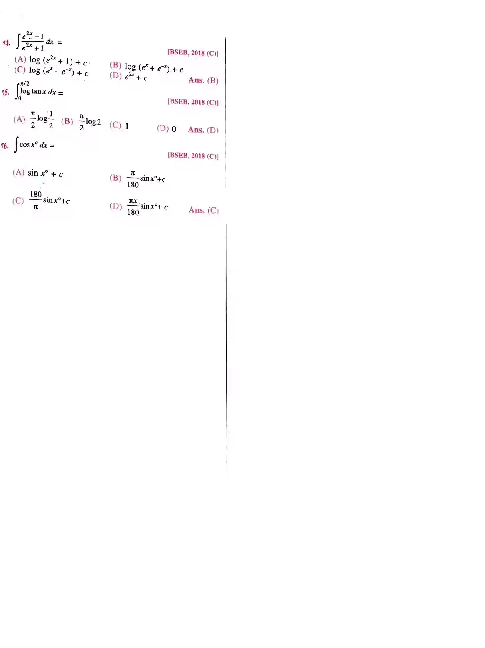Bihar Board Class 12th समाकलन समाकलन  Objective Objective Question 5