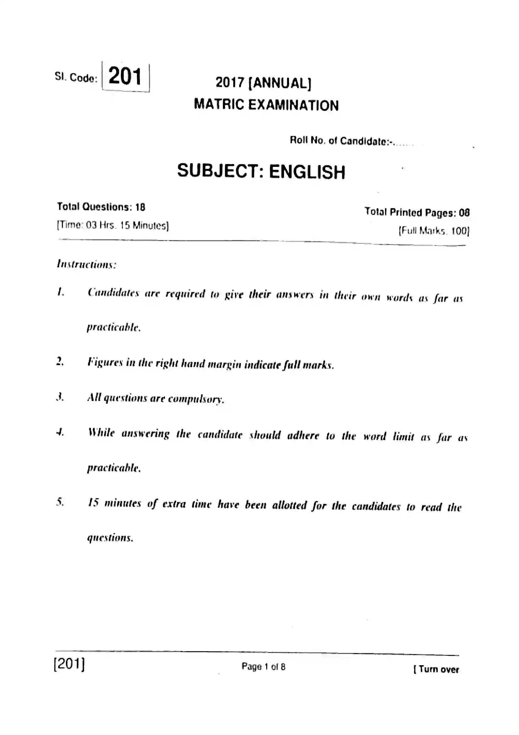 Bihar Board Class 10th 2017 English  201  2017 Previous Year Paper 1