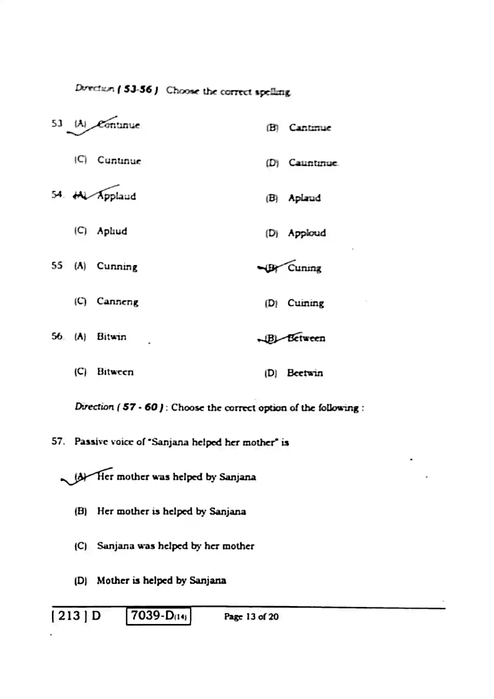 Bihar Board Class 10th 2020 English  213D  2020 Previous Year Paper 13
