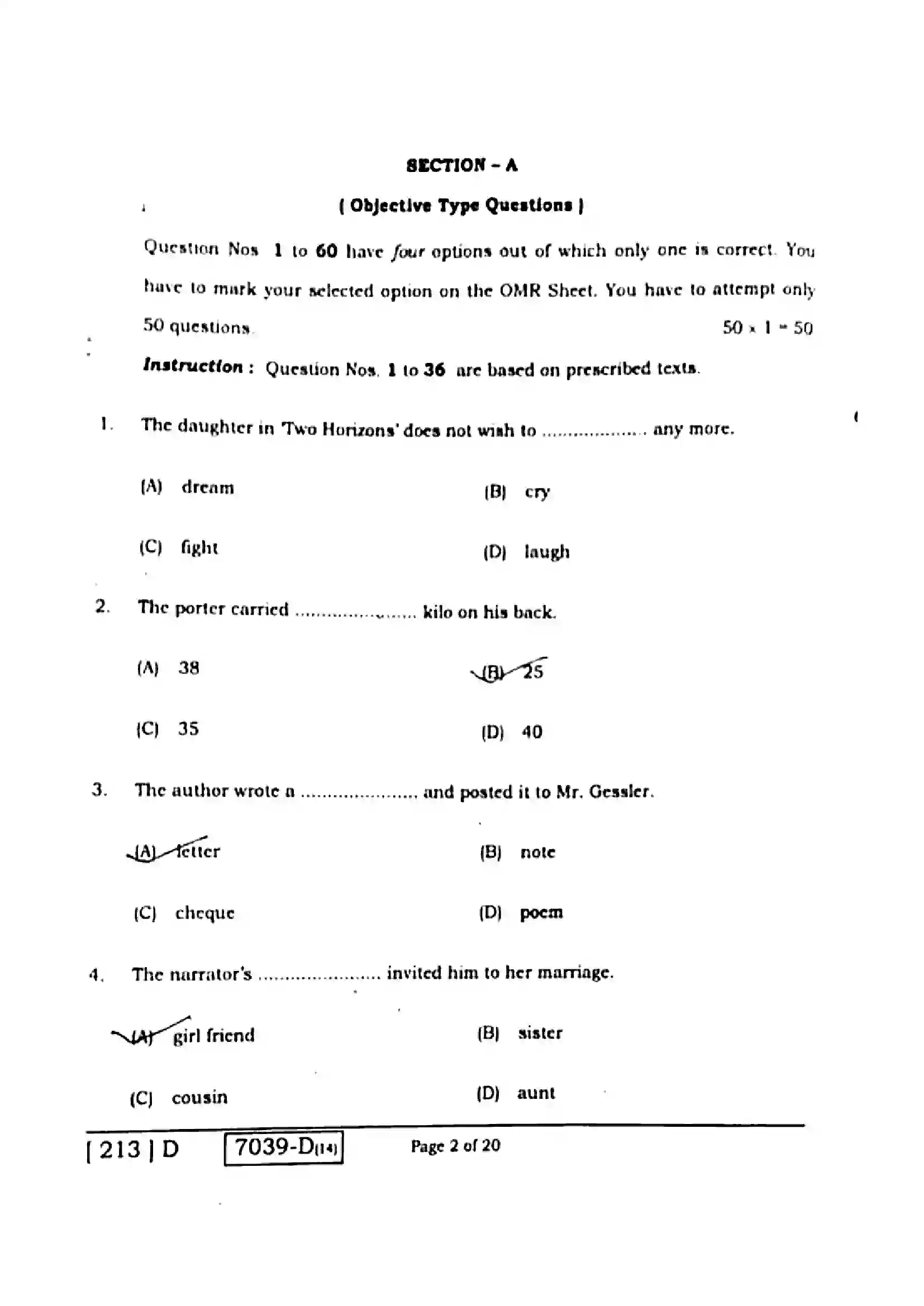 Bihar Board Class 10th 2020 English  213D  2020 Previous Year Paper 2