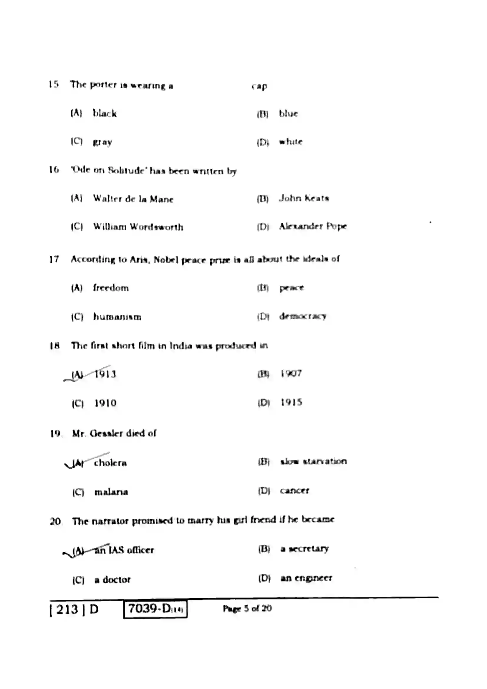 Bihar Board Class 10th 2020 English  213D  2020 Previous Year Paper 5