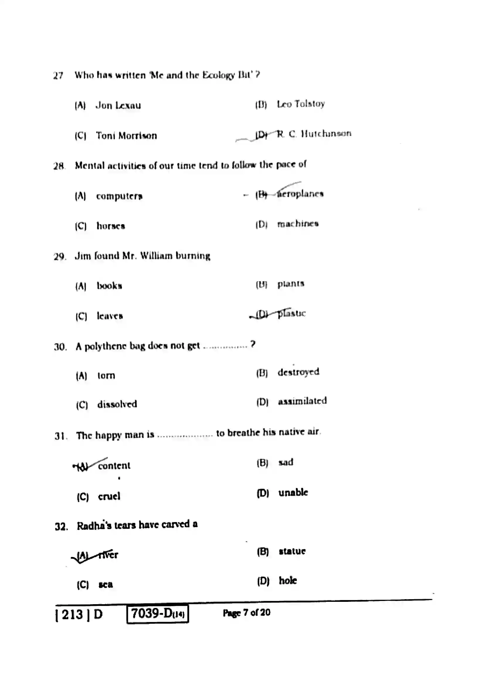 Bihar Board Class 10th 2020 English  213D  2020 Previous Year Paper 7