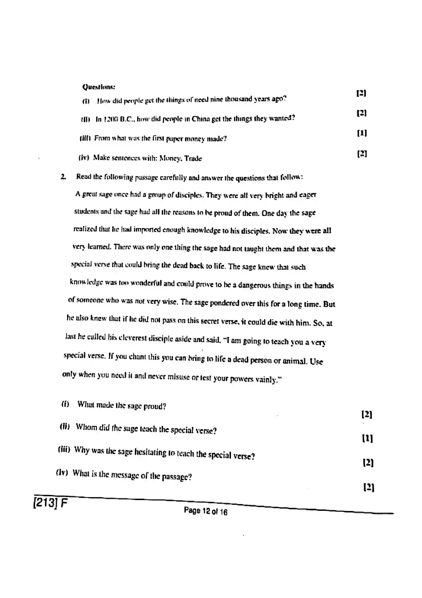 Bihar Board Class 10th 2019 English  213F  2019 Previous Year Paper 12