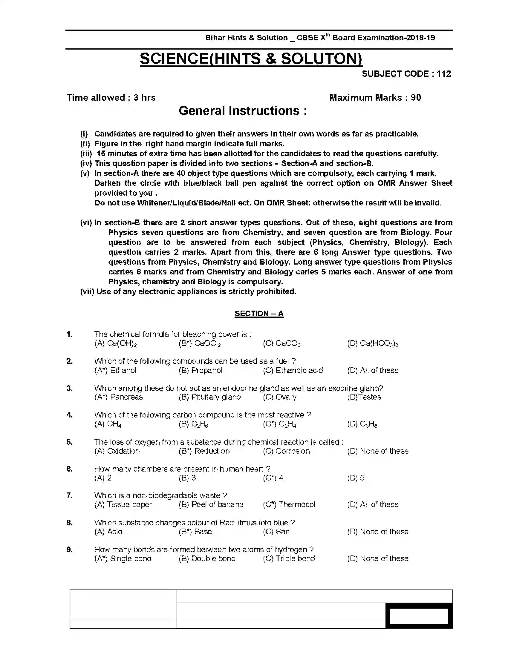 Bihar Board Class 10th 2019 Science  112  2019 Previous Year Paper 1
