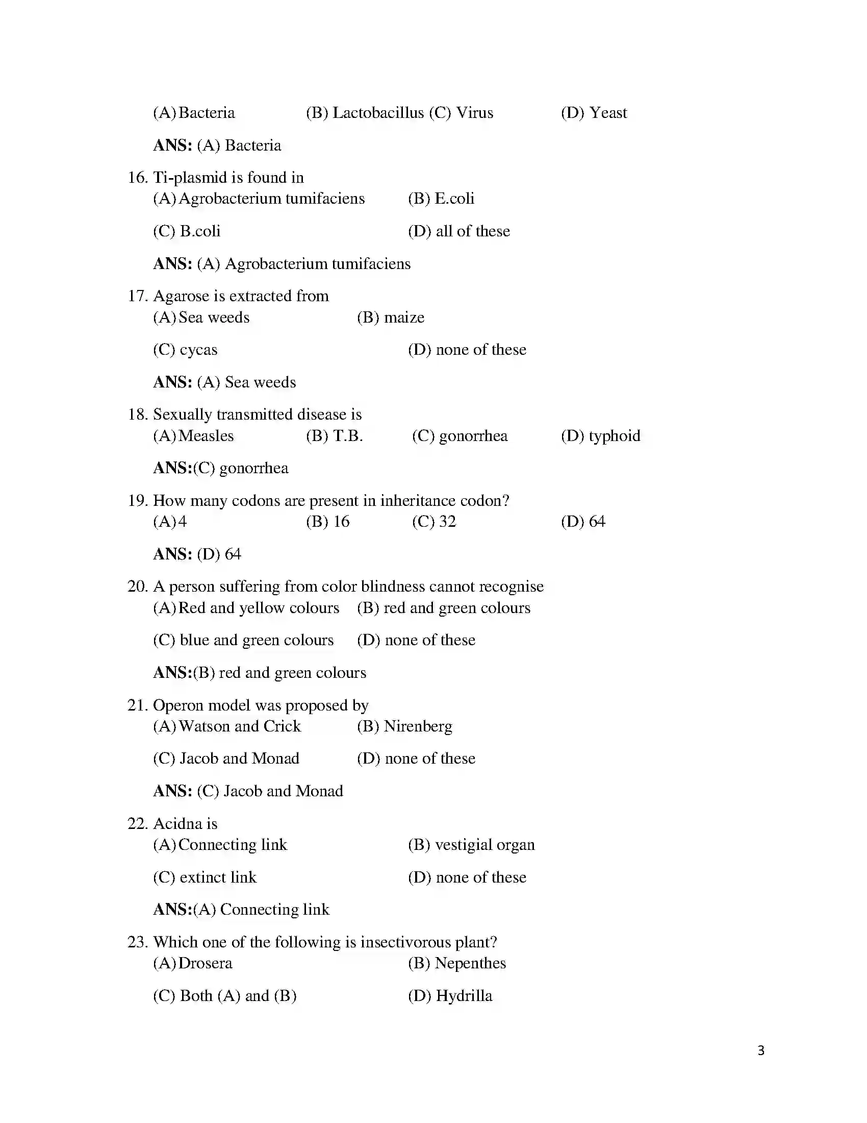 Bihar Board Class 12th 2016 Biology  2016 Previous Year Paper 3