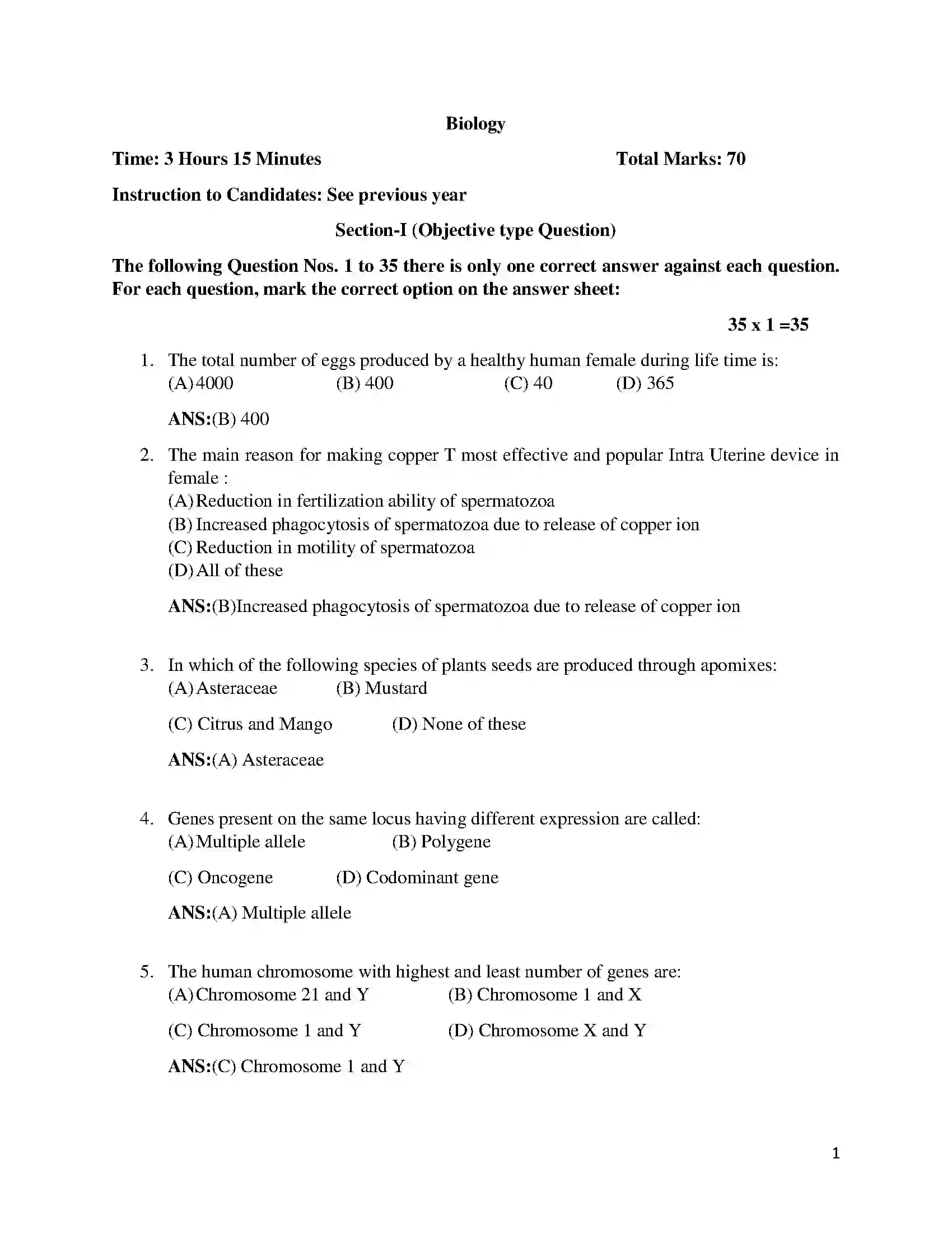 Bihar Board Class 12th 2018 Biology  2018 Previous Year Paper 1