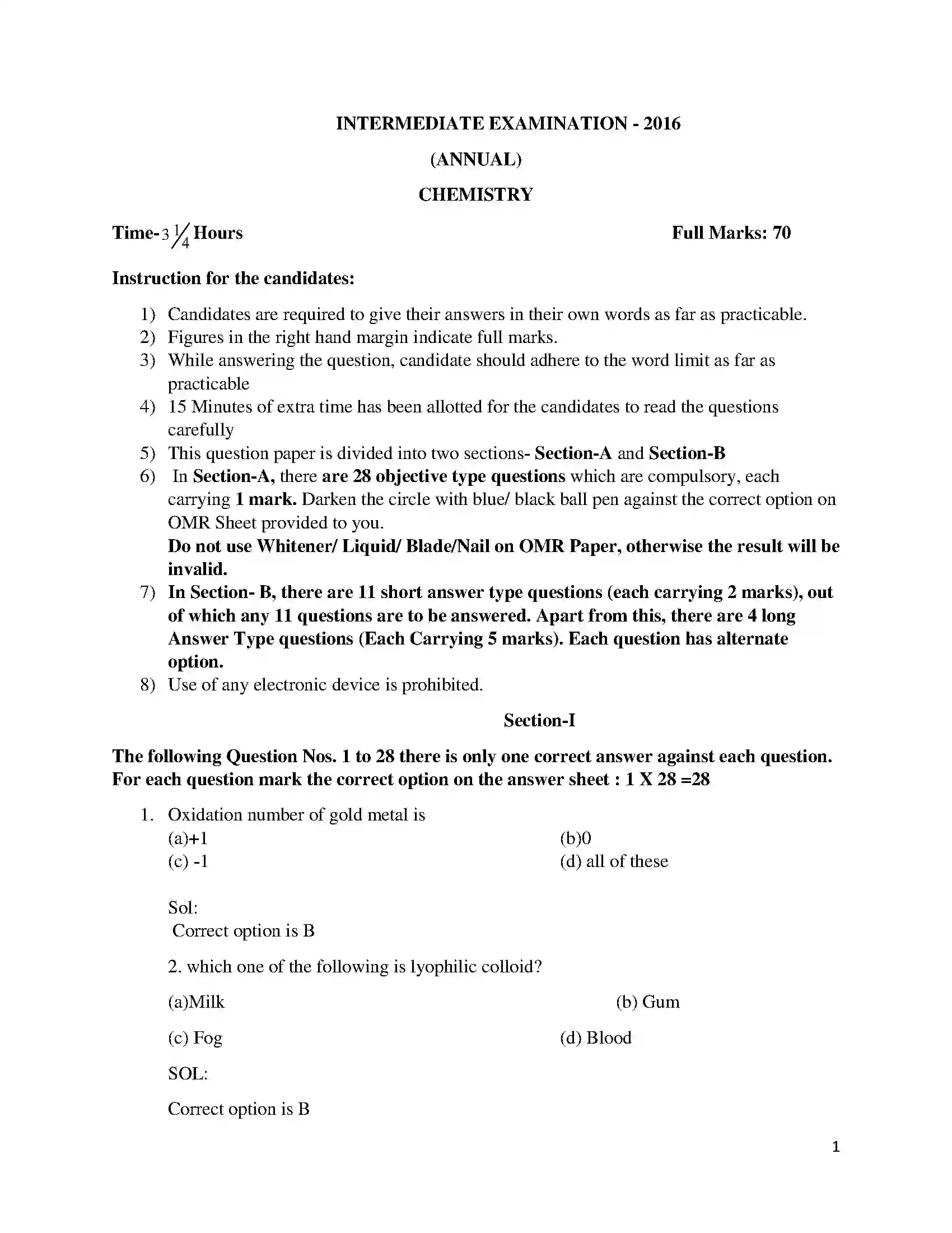 Bihar Board Class 12th 2016 Chemistry  2016 Previous Year Paper 1
