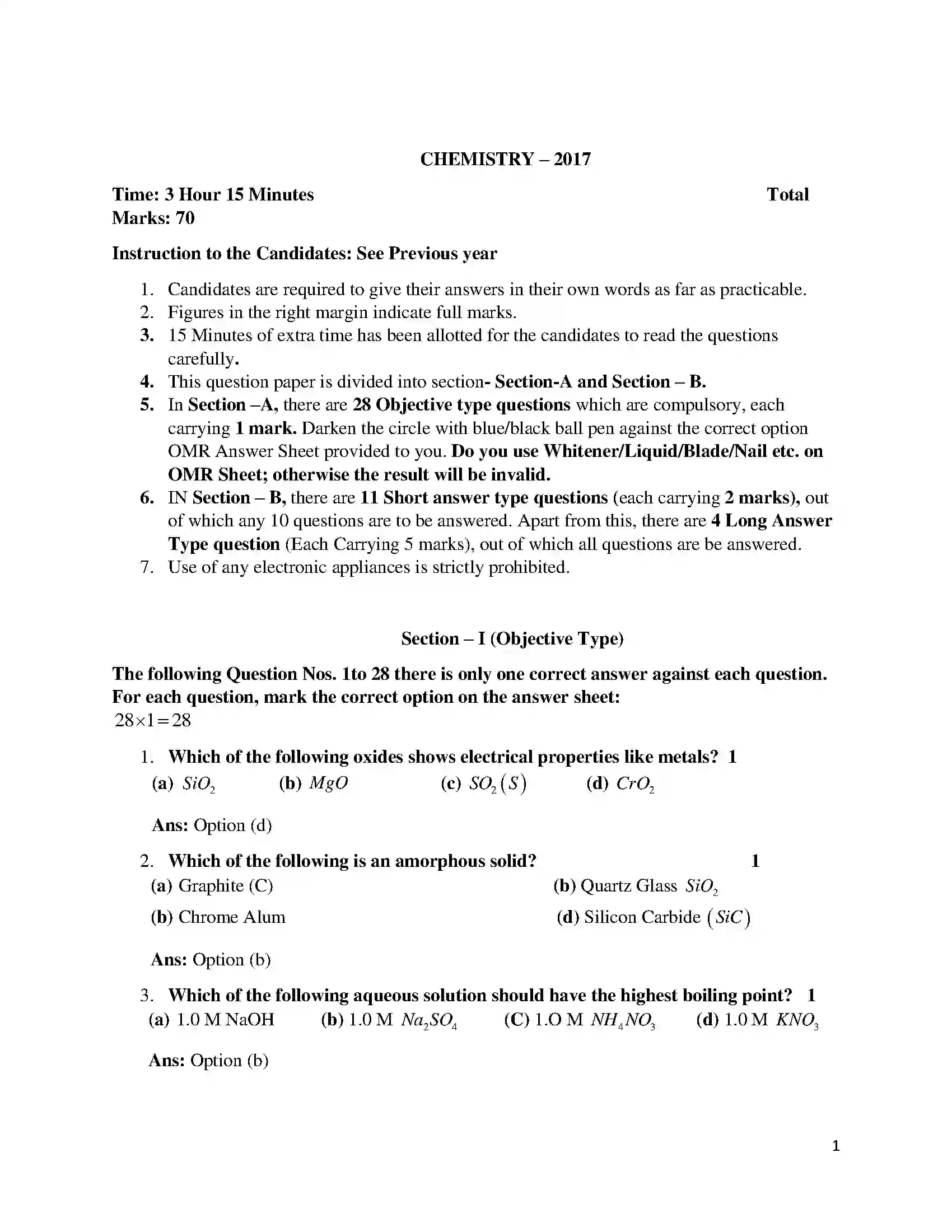 Bihar Board Class 12th 2017 Chemistry  2017 Previous Year Paper 1