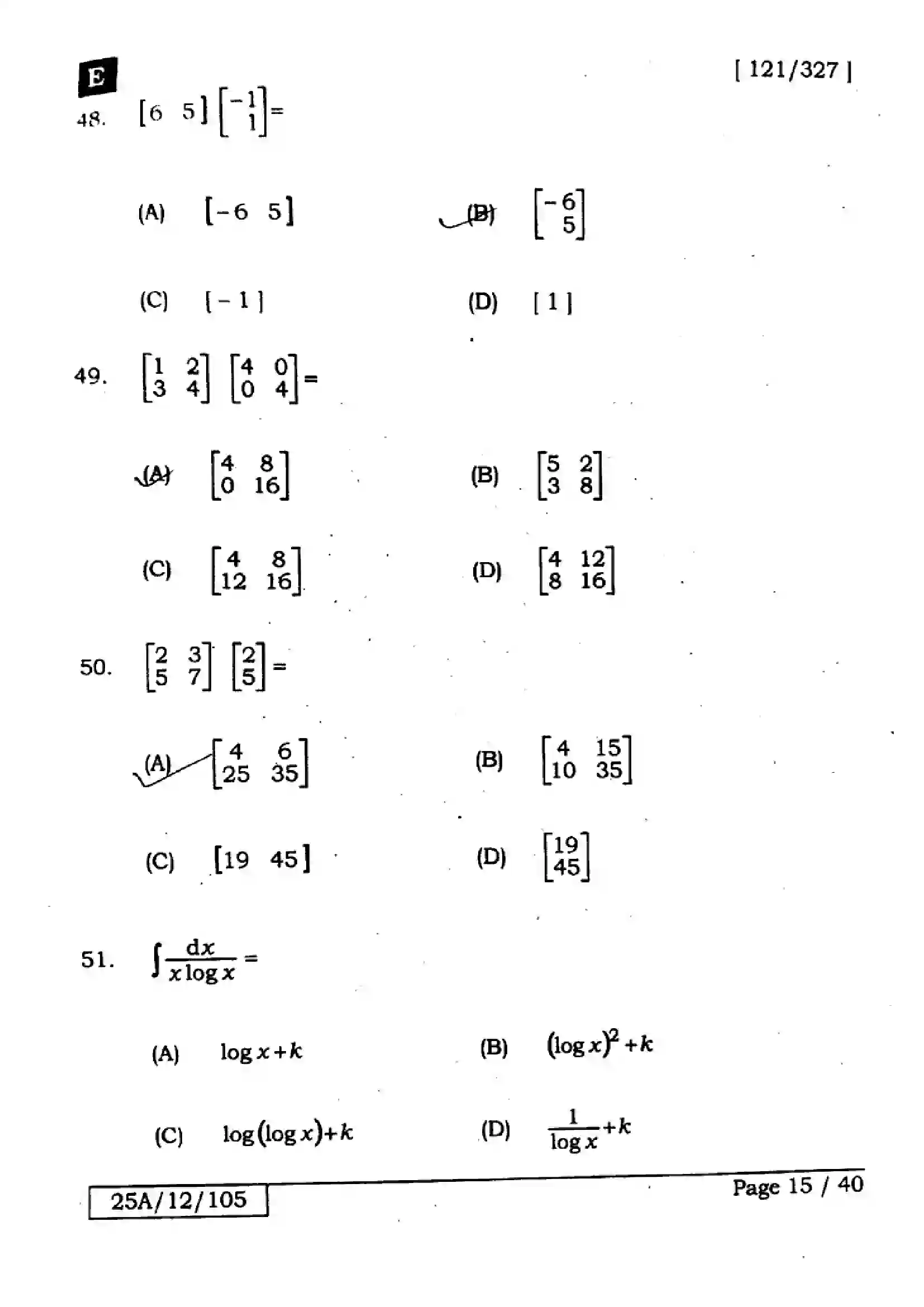 Bihar Board Class 12th 2025 Mathematics  121327  SetE Previous Year Paper 15