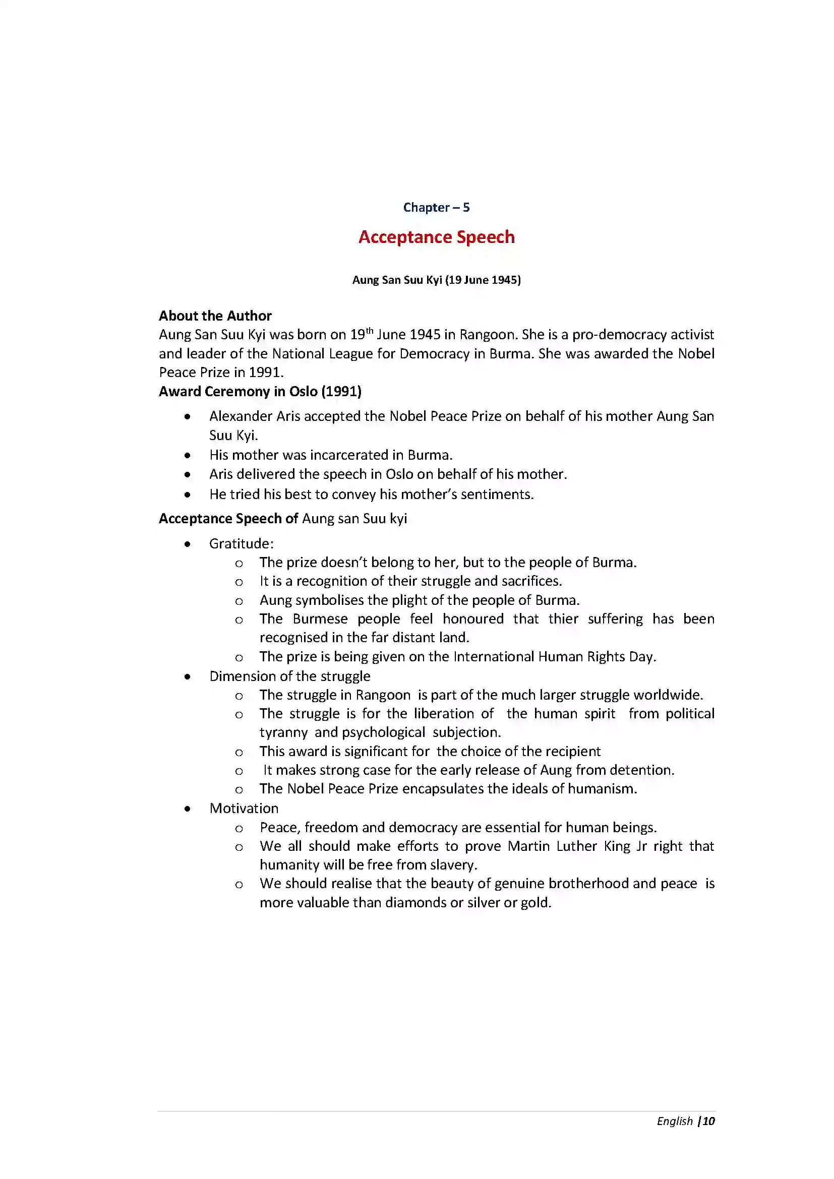 Bihar Board Class 10th English Acceptance Speech  Chapter Revision Note 1