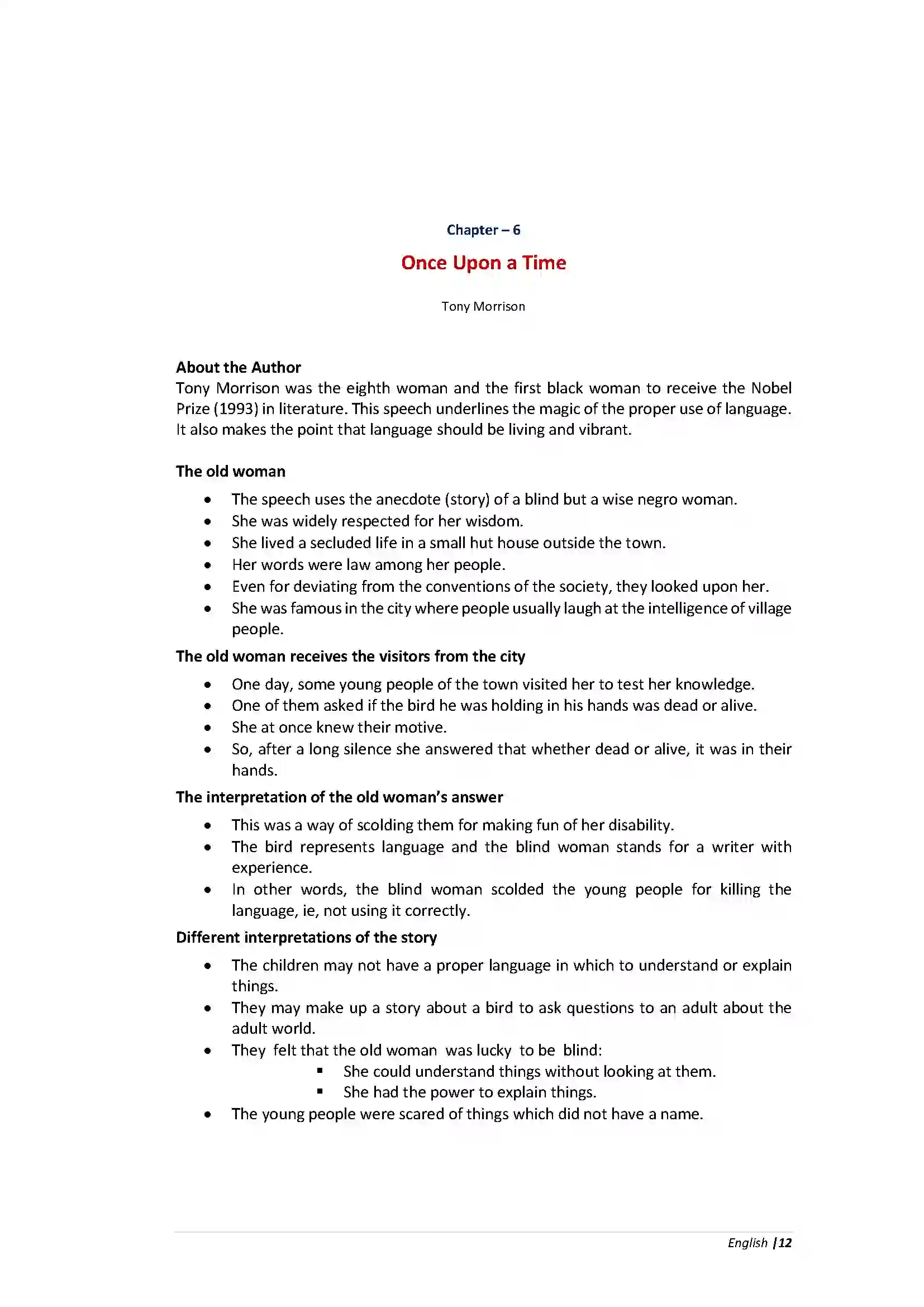 Bihar Board Class 10th English Once Upon a Time  Chapter Revision Note 1
