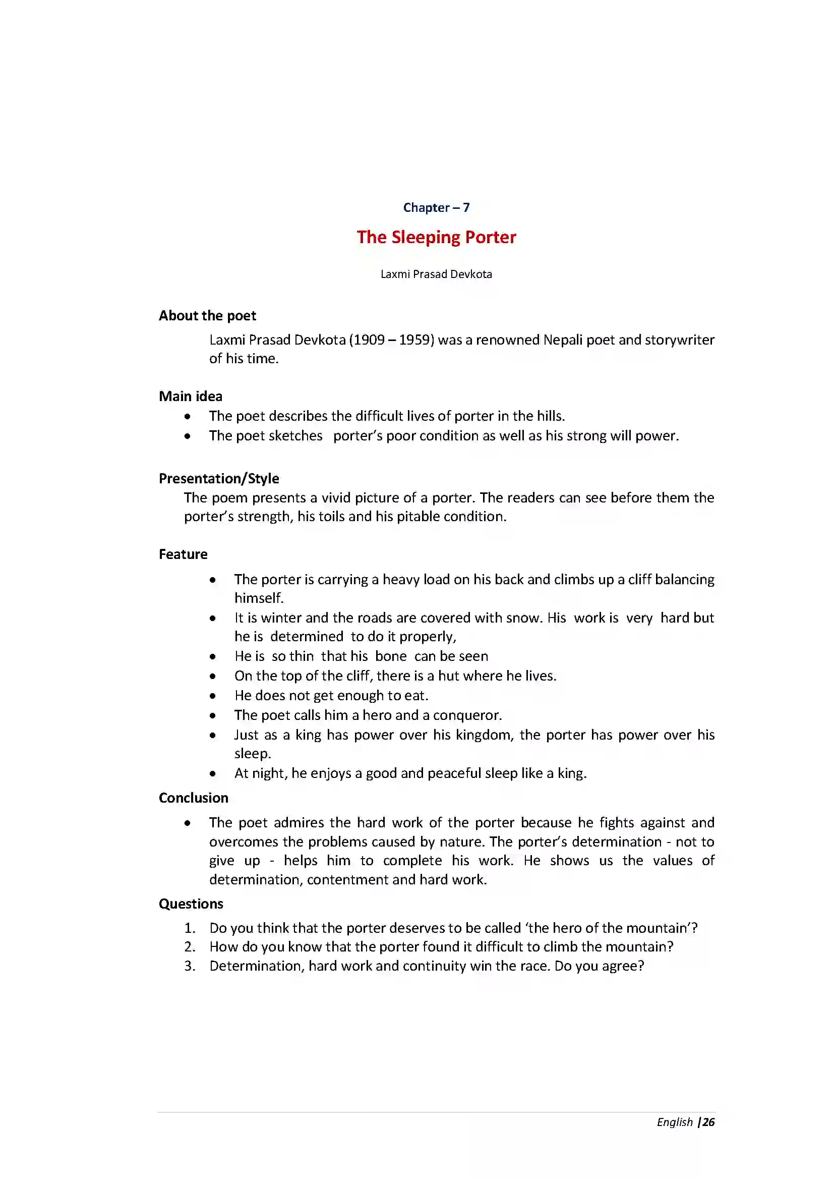 Bihar Board Class 10th English The Sleeping Porter  Poetry Revision Note 1