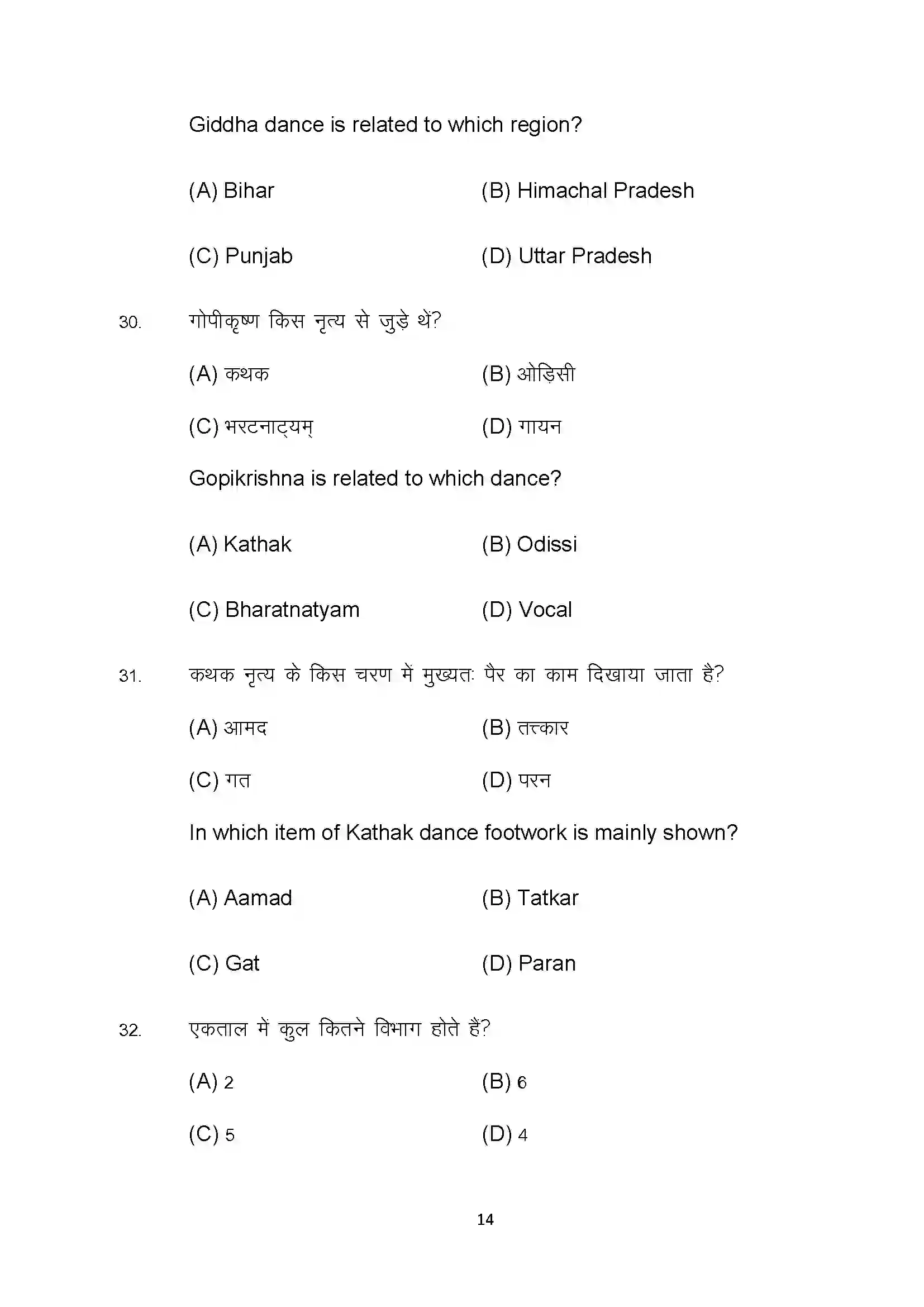 Bihar Board Class 10th 2022 Dance Sample Paper 14