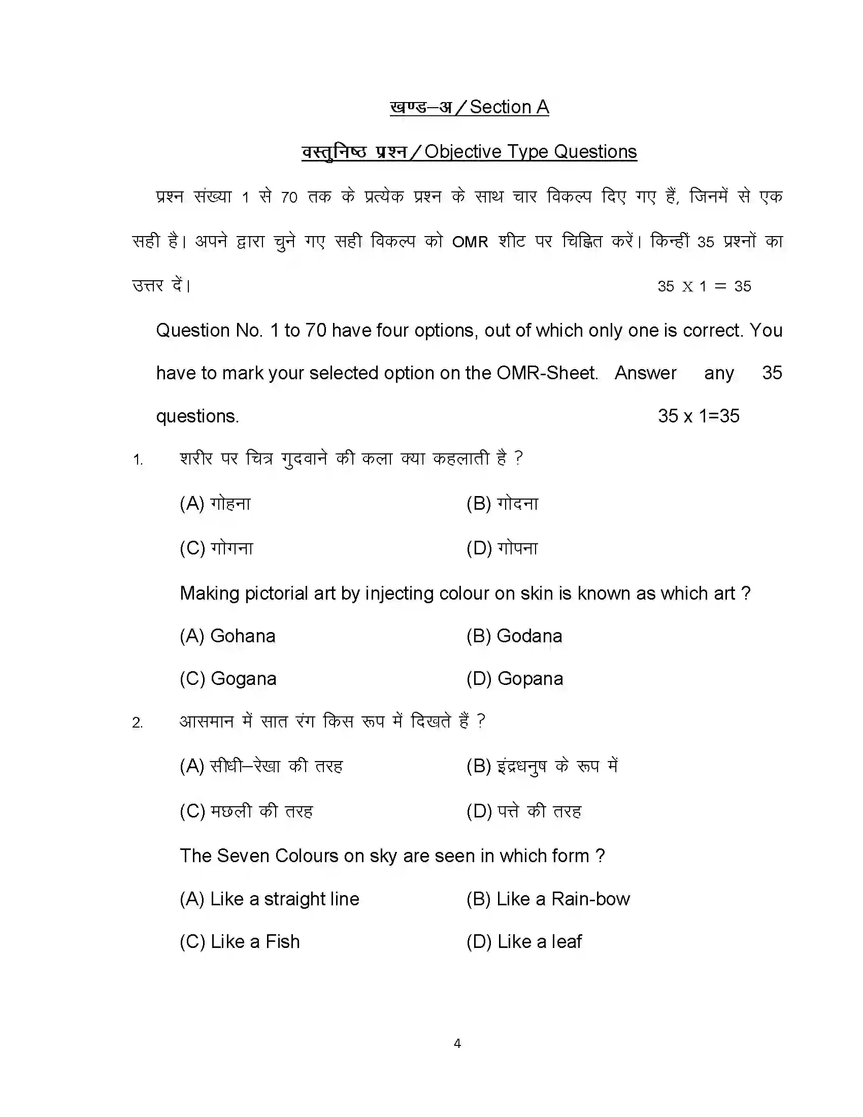 Bihar Board Class 10th 2024 Fine Arts Sample Paper 4