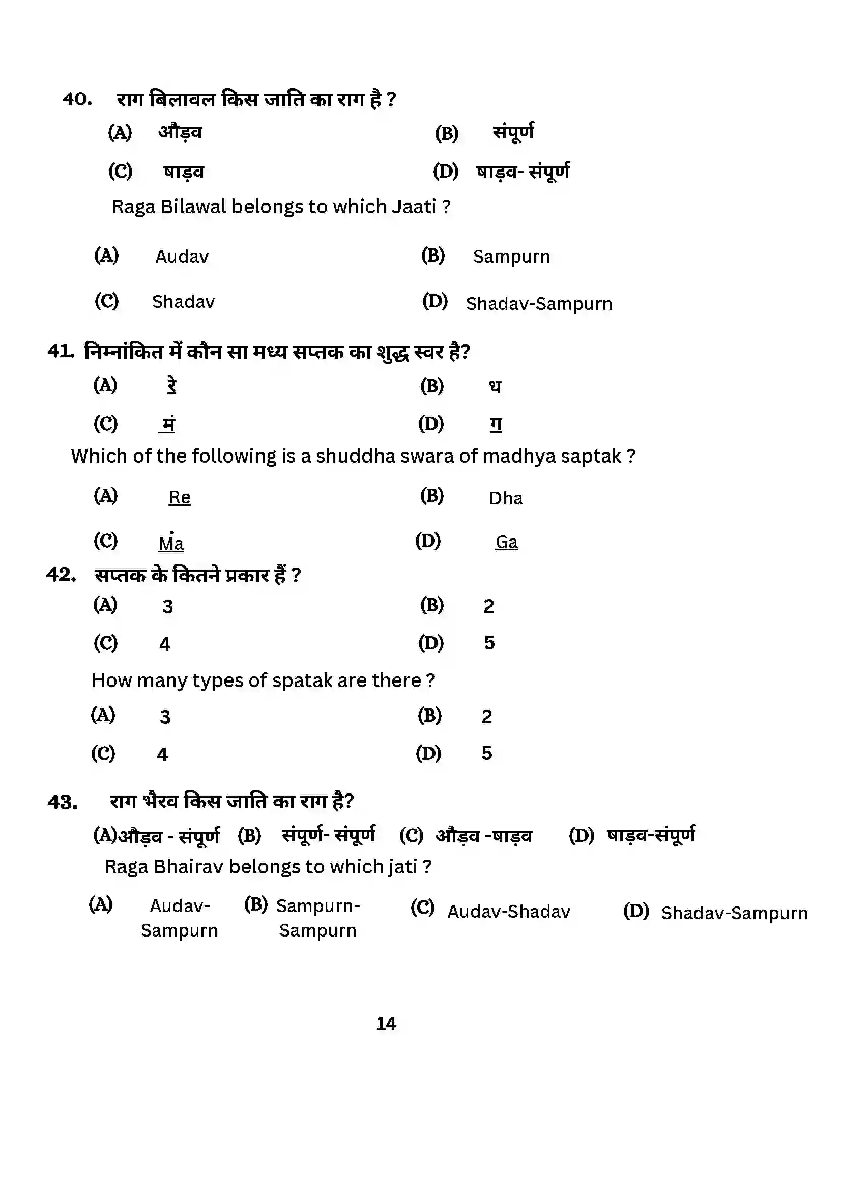 Bihar Board Class 10th 2024 Music (Theory) Sample Paper 14
